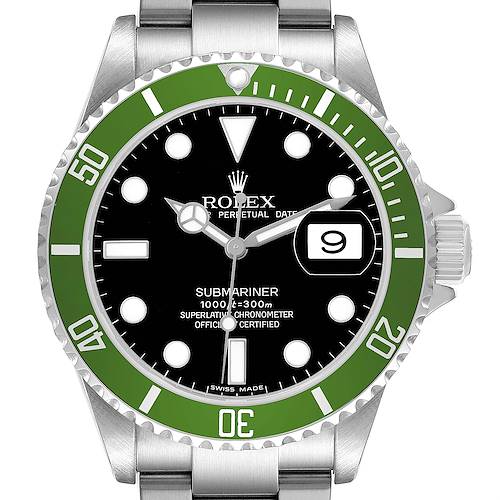 The Rolex Submariner 16610LV Men's Stainless Steel Black Dial watch is shown from a front angle, displaying the dial, bezel, markers, and partially visible bracelet.