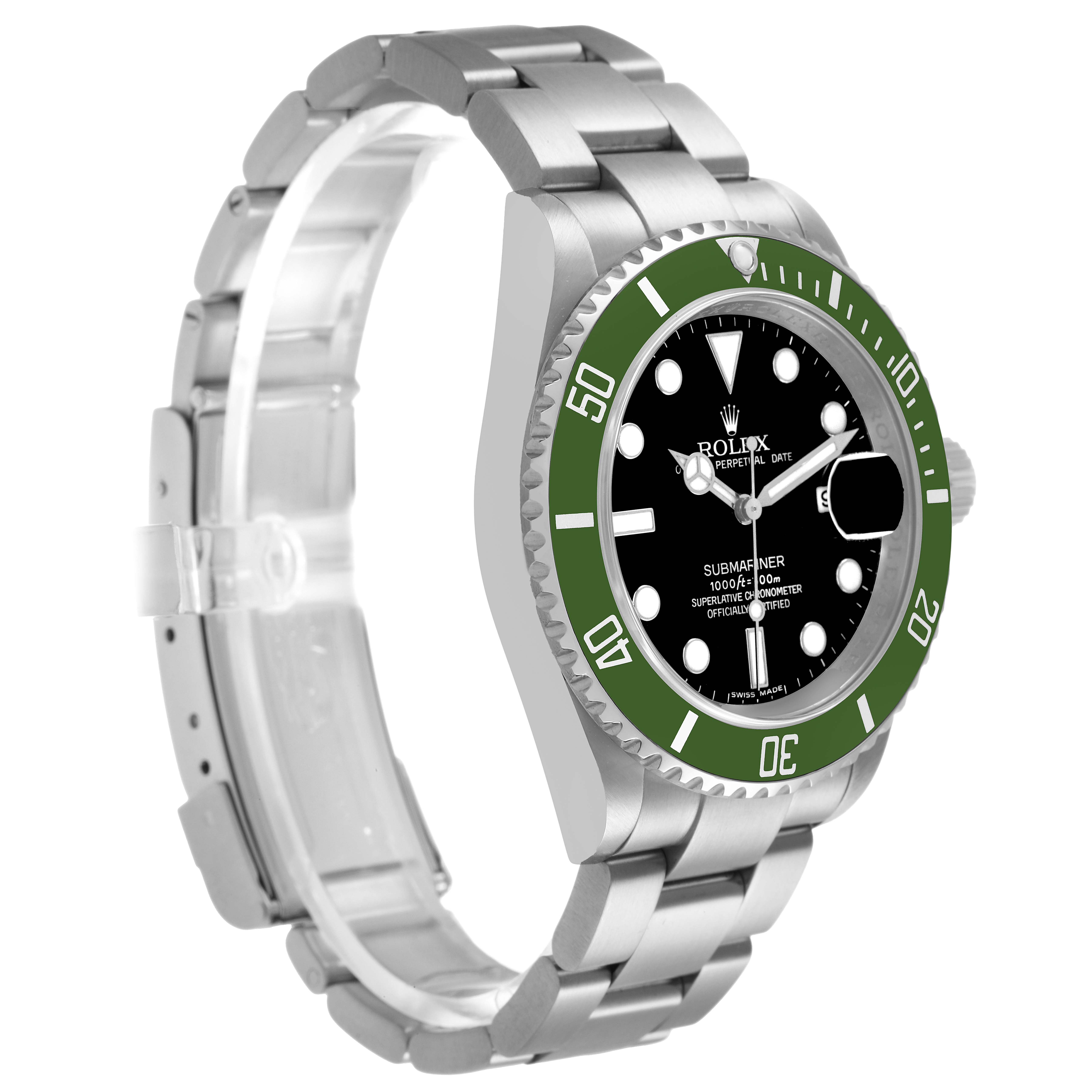 The Rolex Submariner 16610LV Men's Stainless Steel Black Dial watch is shown from a side angle, displaying the bracelet, case, bezel, and dial.