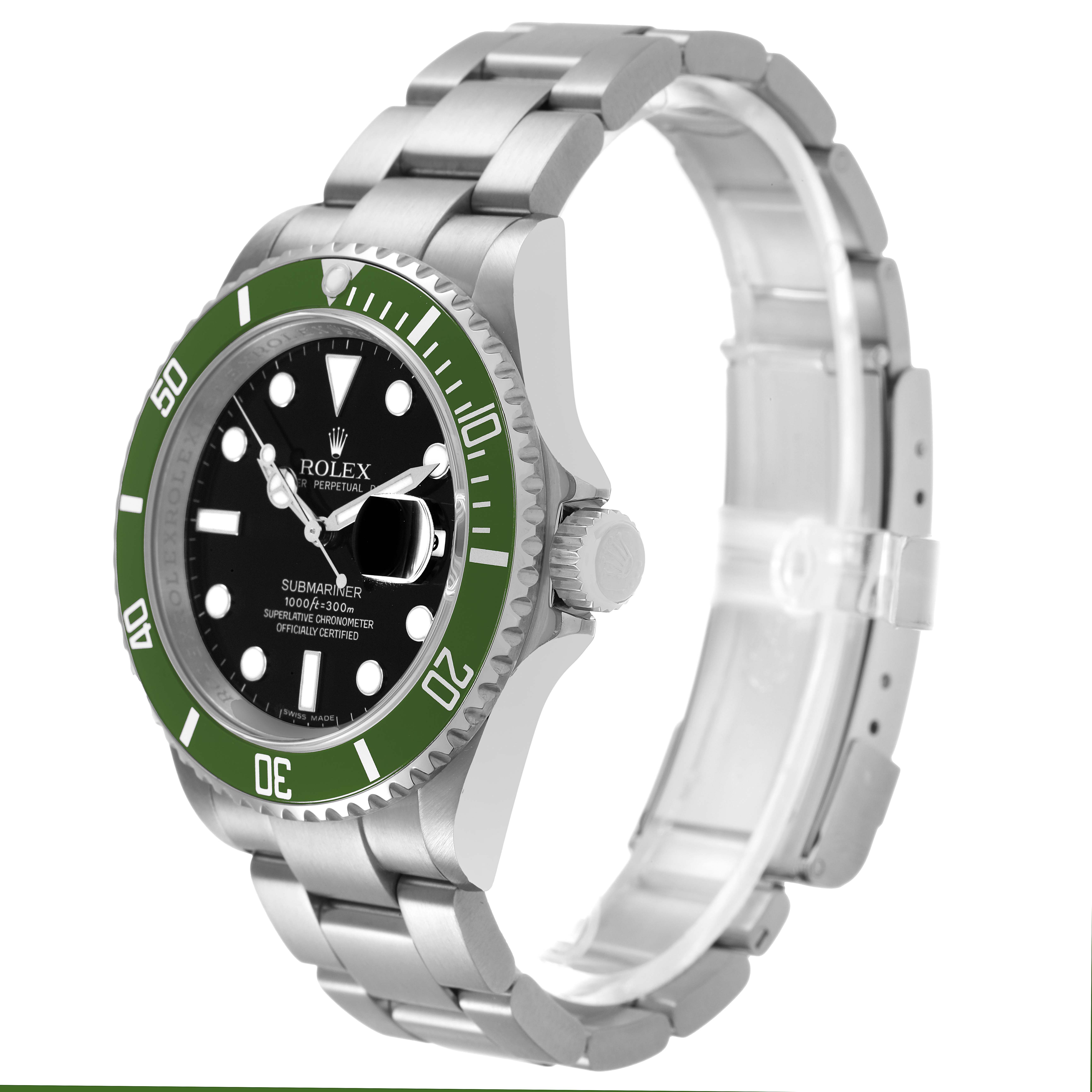 The Rolex Submariner 16610LV Men's Stainless Steel Black Dial watch is shown at a slight angle, highlighting the case, bezel, dial, crown, and bracelet.