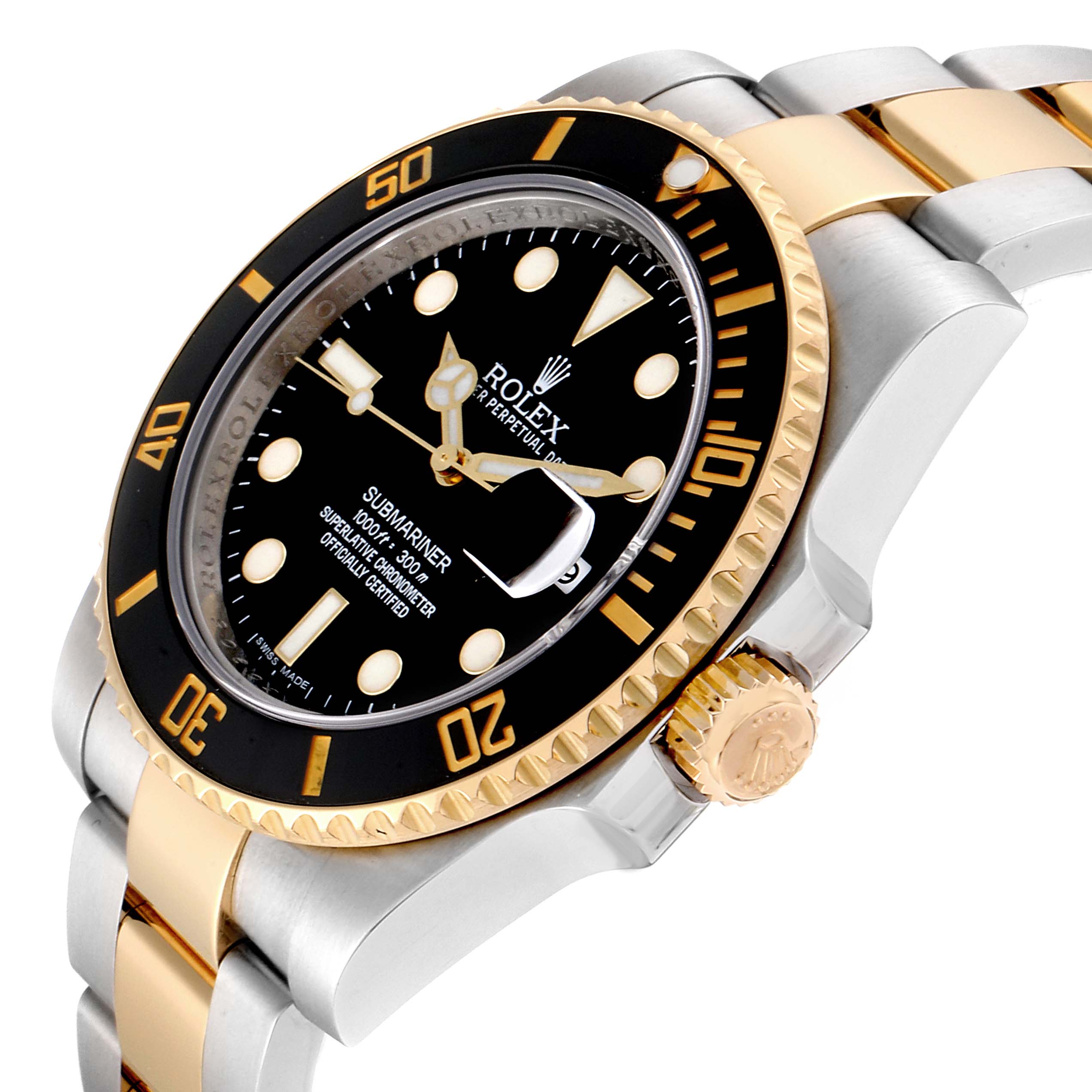 This image shows a Rolex Submariner 116613 Men
s Steel and Gold (two tone) Black Dial 116613 Men
s Steel and Gold (two tone) Black Dial watch at an oblique angle, highlighting the bezel, crown, dial, and bracelet.