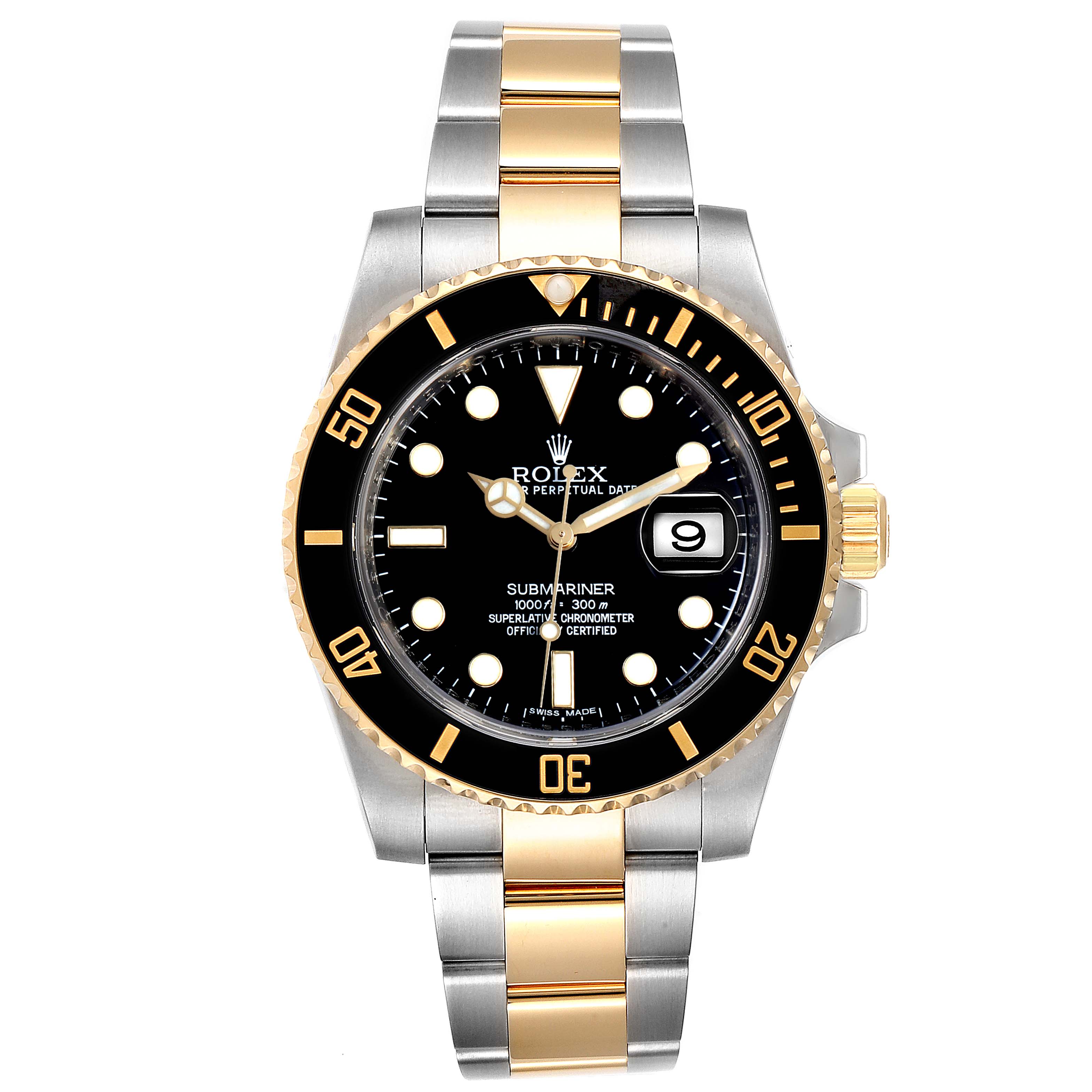 This image shows a front view of the Rolex Submariner 116613 Men
s Steel and Gold (two tone) Black Dial 116613 Men
s Steel and Gold (two tone) Black Dial watch, highlighting the dial, bezel, and bracelet.