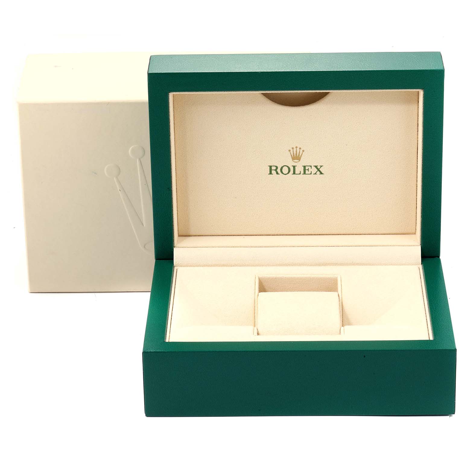 This image shows an open Rolex Submariner 116613 Men
s Steel and Gold (two tone) Black Dial 116613 Men
s Steel and Gold (two tone) Black Dial watch box with cream and green colors, displaying the interior with the Rolex logo.