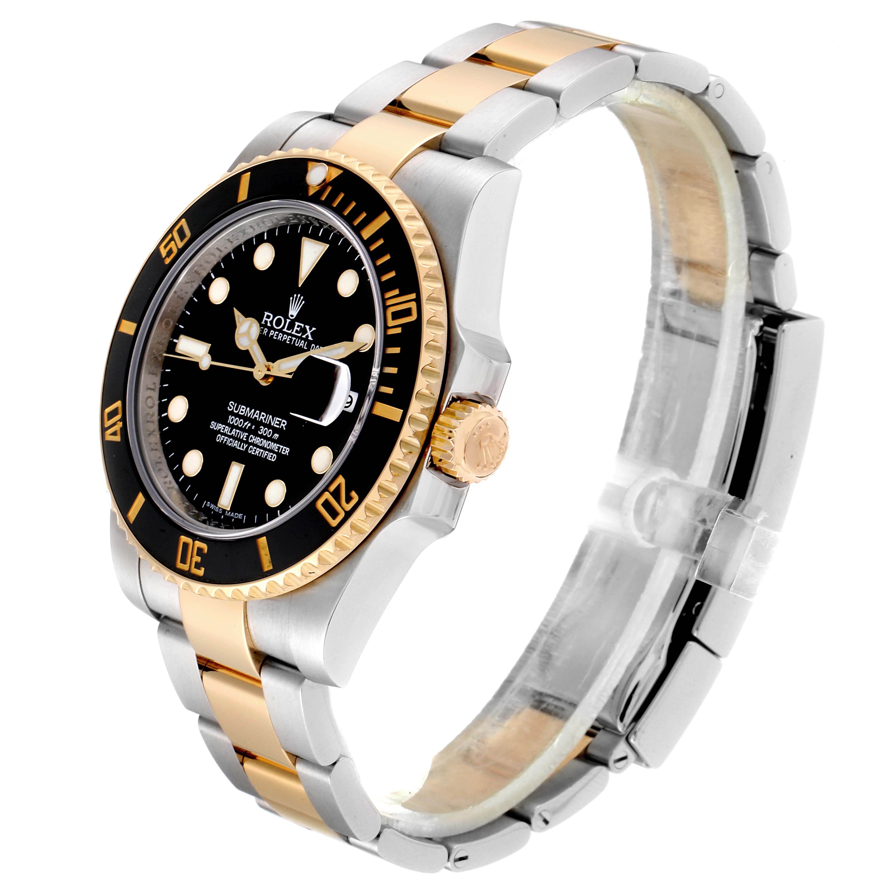 This image shows a Rolex Submariner 116613 Men
s Steel and Gold (two tone) Black Dial 116613 Men
s Steel and Gold (two tone) Black Dial wristwatch from a side angle highlighting its bezel, dial, and bracelet.