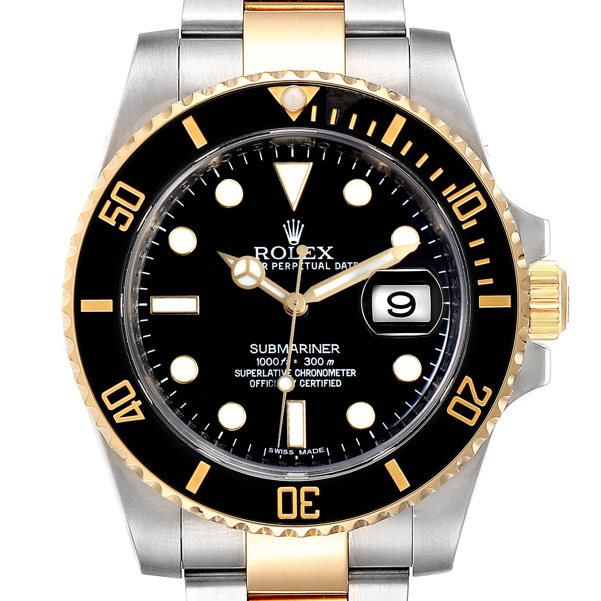This image shows a front view of the Rolex Submariner 116613 Men
s Steel and Gold (two tone) Black Dial 116613 Men
s Steel and Gold (two tone) Black Dial watch, featuring its bezel, dial, and part of the bracelet.