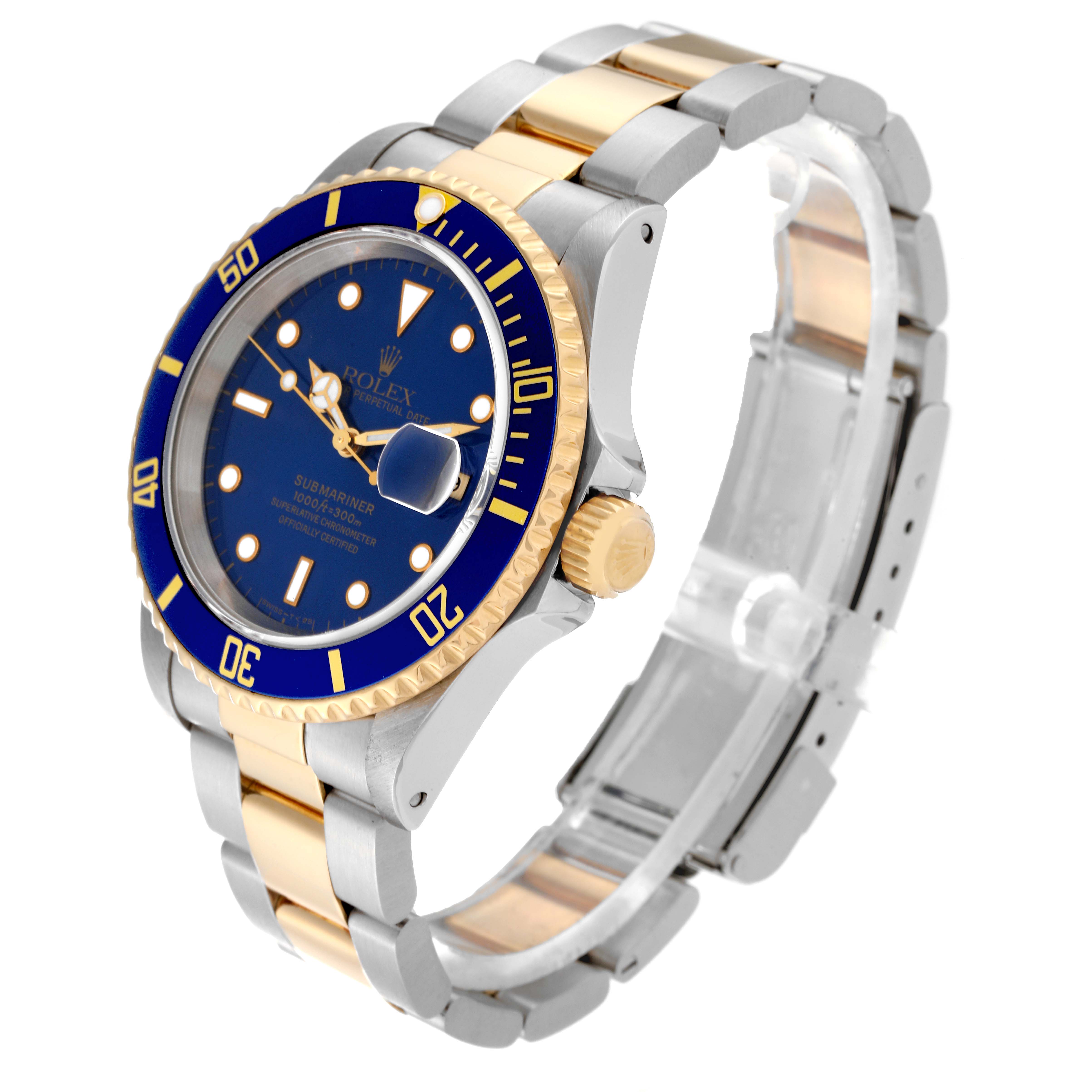 This image of a Rolex Submariner 16613 Men's Steel and Gold (two tone) Blue Dial 16613 Men's Steel and Gold (two tone) Blue Dial shows a three-quarter view, highlighting the blue dial, bezel, gold accents, and bracelet.