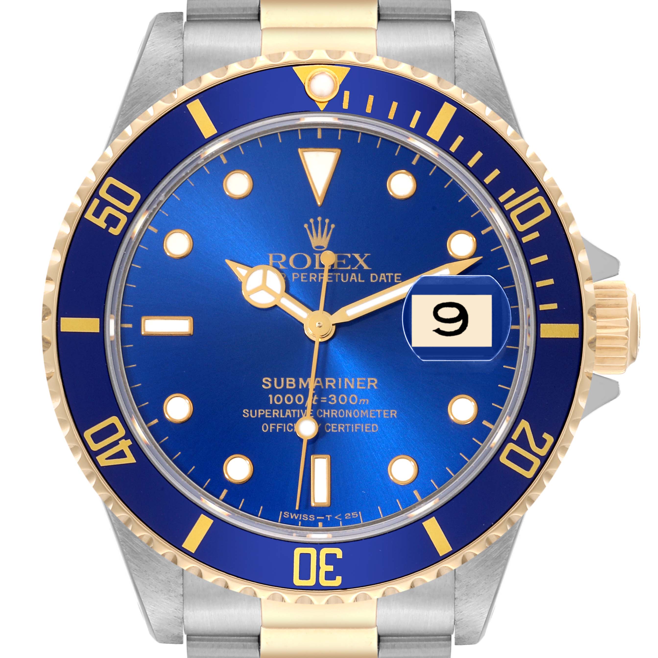 The image shows a front view of a Rolex Submariner 16613 Men's Steel and Gold (two tone) Blue Dial 16613 Men's Steel and Gold (two tone) Blue Dial watch with a blue dial and a date display.