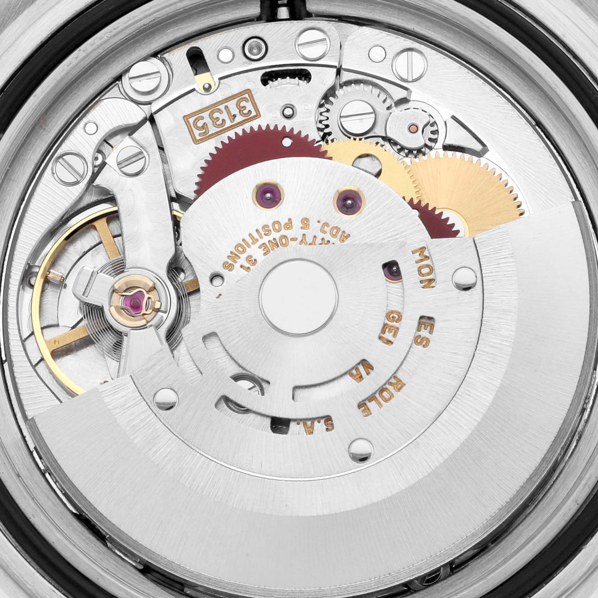 The image shows a close-up of the intricate internal mechanism of the Rolex Submariner 16613 Men's Steel and Gold (two tone) Blue Dial 16613 Men's Steel and Gold (two tone) Blue Dial watch from the rear.