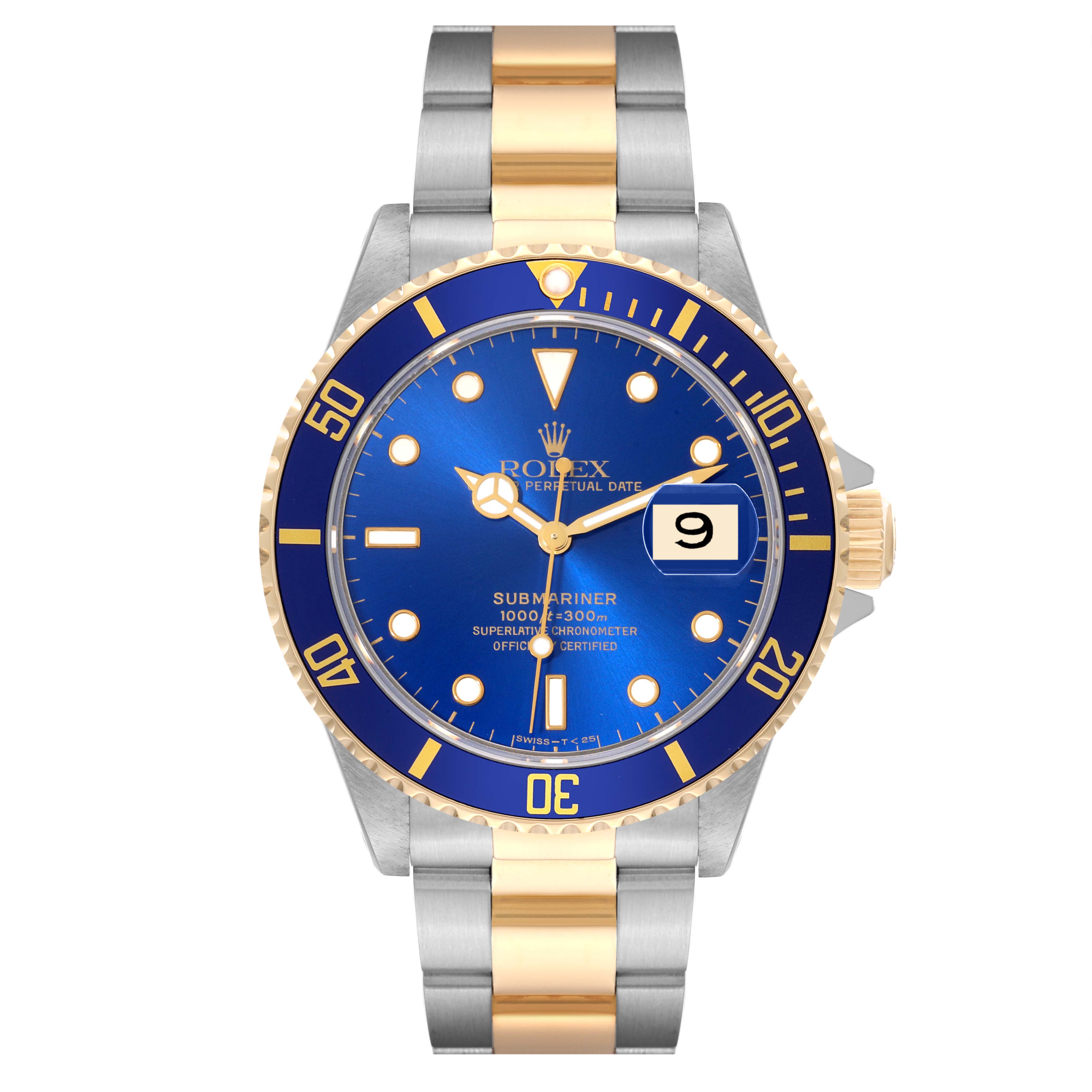 The image shows a front view of the Rolex Submariner 16613 Men's Steel and Gold (two tone) Blue Dial 16613 Men's Steel and Gold (two tone) Blue Dial watch, including its blue dial, date window, and two-tone bracelet.
