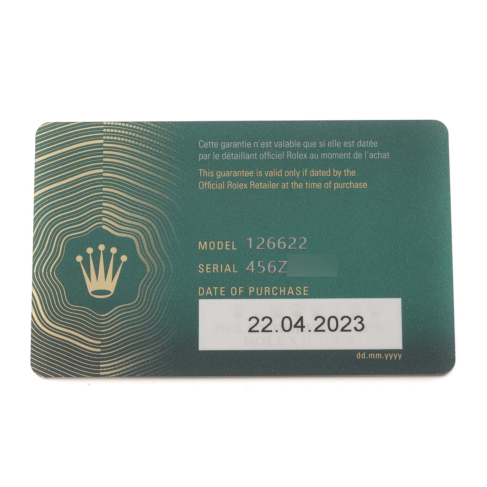 The image shows the warranty card for the Rolex Yacht-Master 126622 Men's Stainless Steel Blue Dial 126622 Men's Stainless Steel Blue Dial model 126622, featuring the purchase date and serial number.