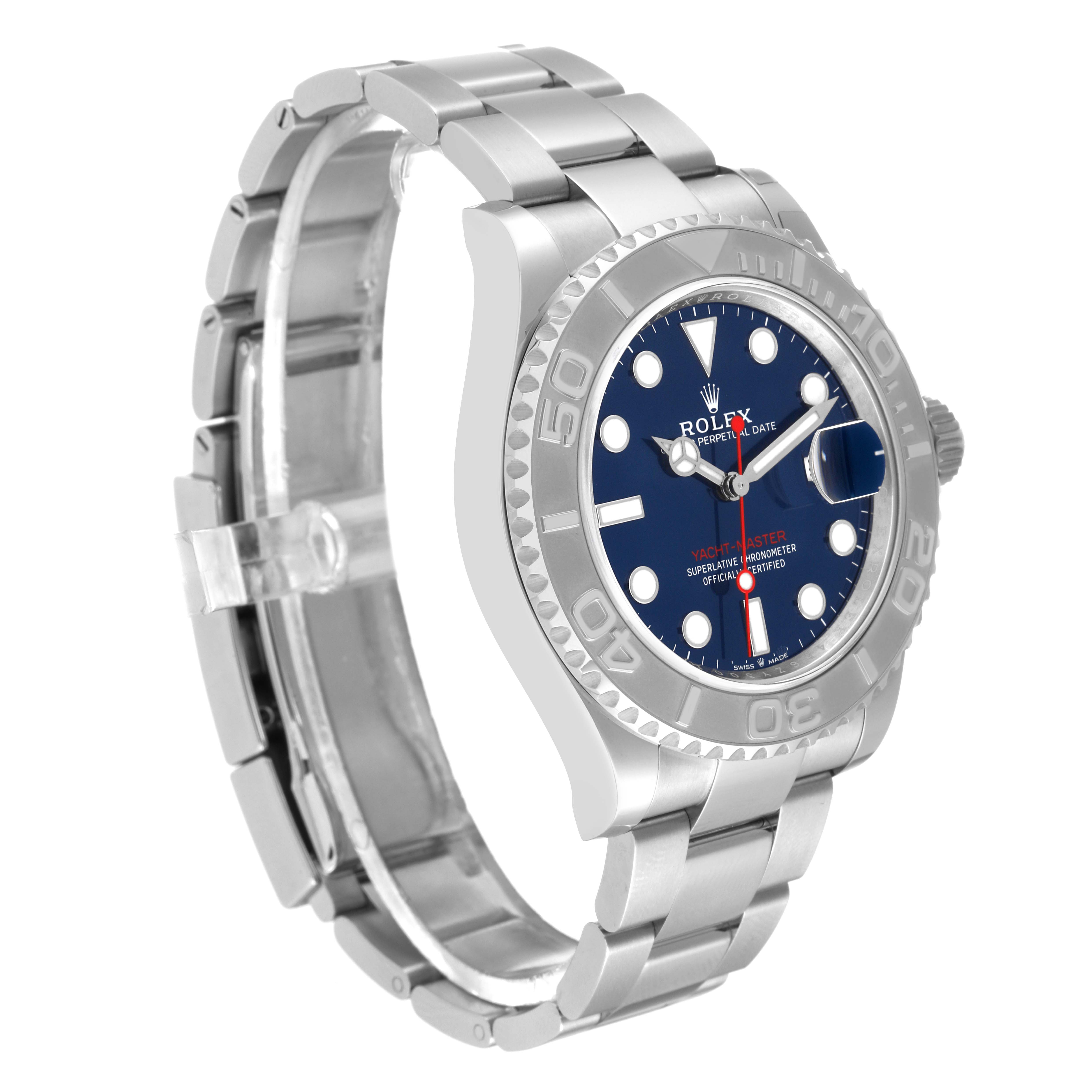 The image shows a three-quarter view of the Rolex Yacht-Master 126622 Men's Stainless Steel Blue Dial 126622 Men's Stainless Steel Blue Dial watch, highlighting the face, bezel, and bracelet.