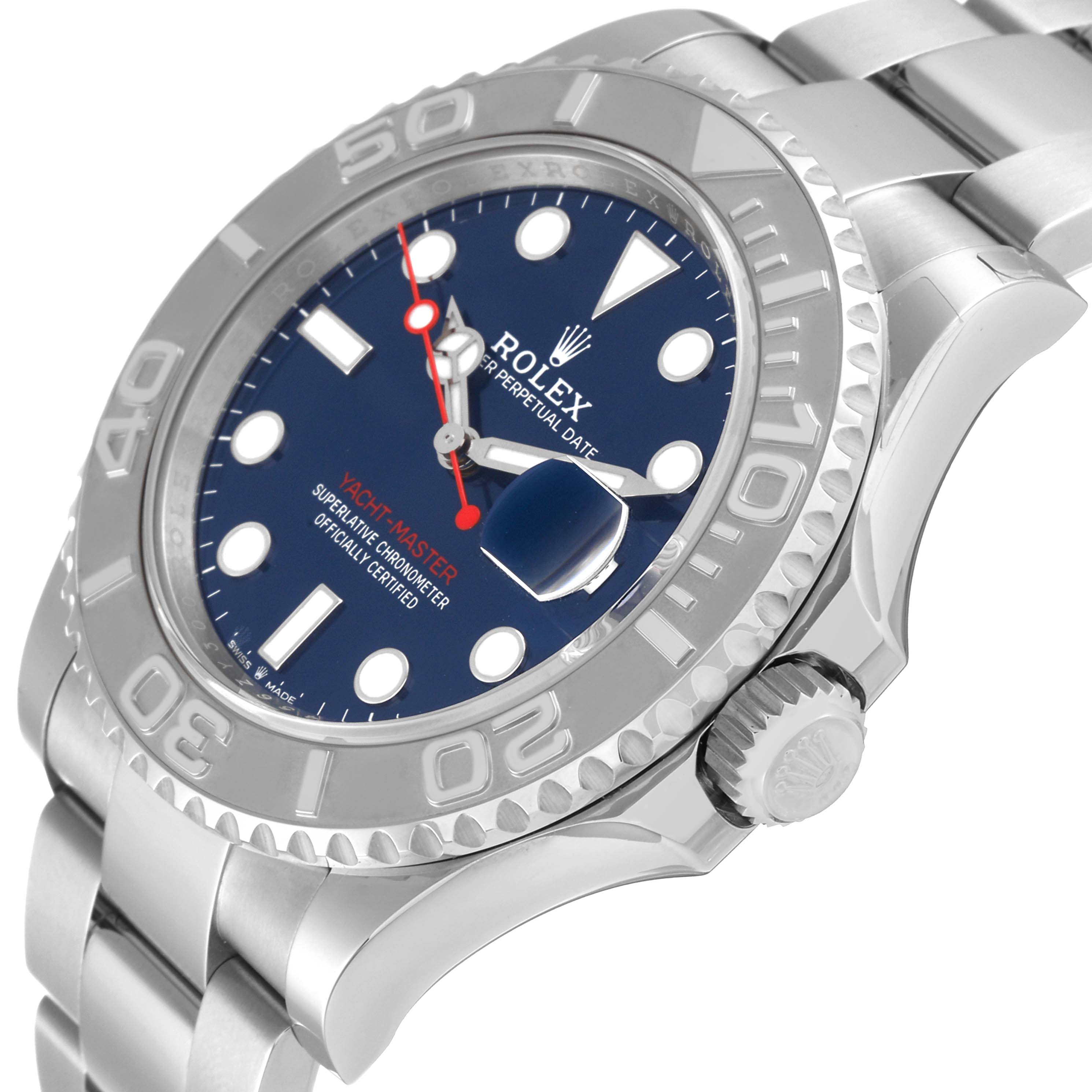The Rolex Yacht-Master 126622 Men's Stainless Steel Blue Dial 126622 Men's Stainless Steel Blue Dial watch is shown at a slight angle, highlighting the bezel, crown, bracelet, and dial with date function.