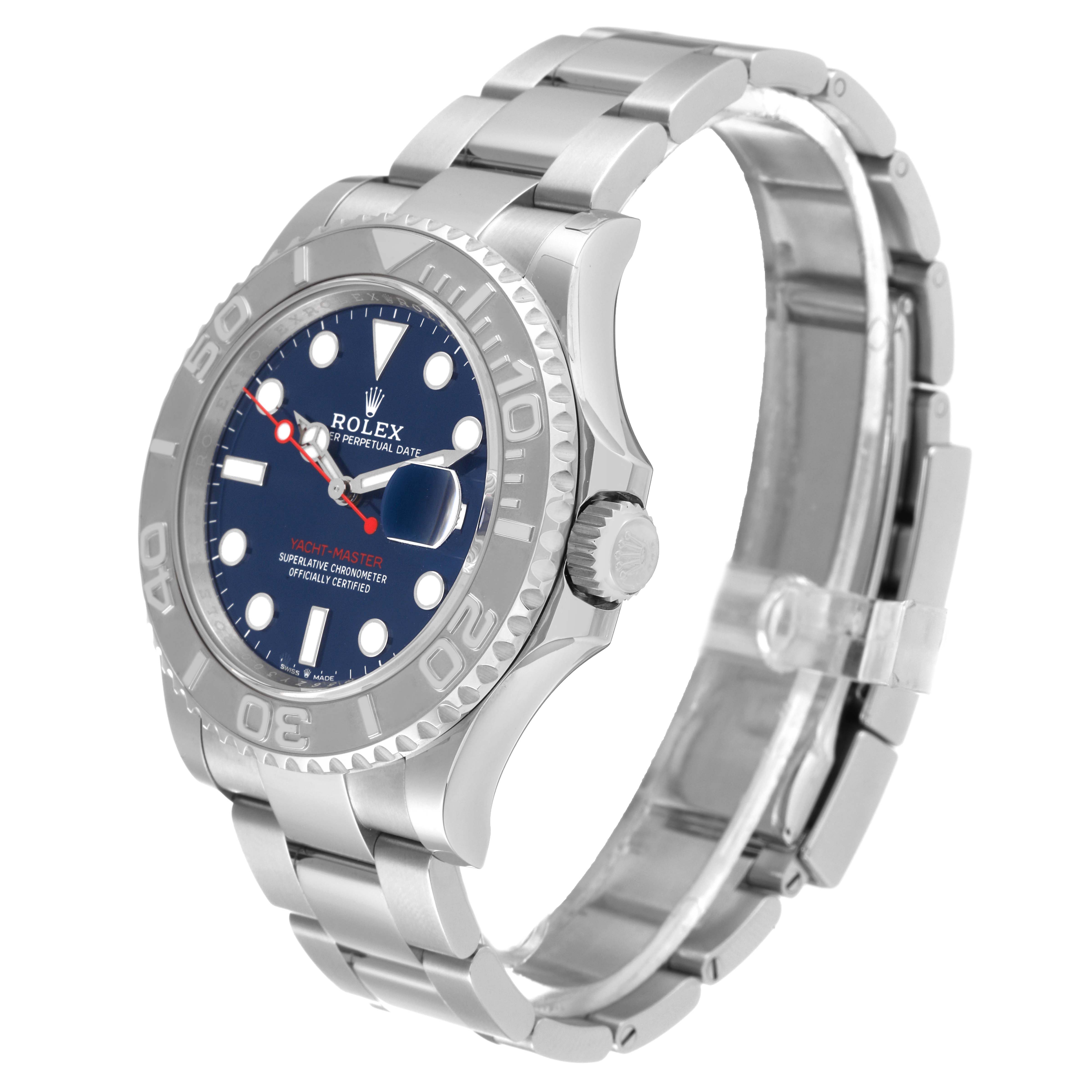 This image shows a side angle of the Rolex Yacht-Master 126622 Men's Stainless Steel Blue Dial 126622 Men's Stainless Steel Blue Dial watch, highlighting the bracelet, crown, and part of the dial and bezel.