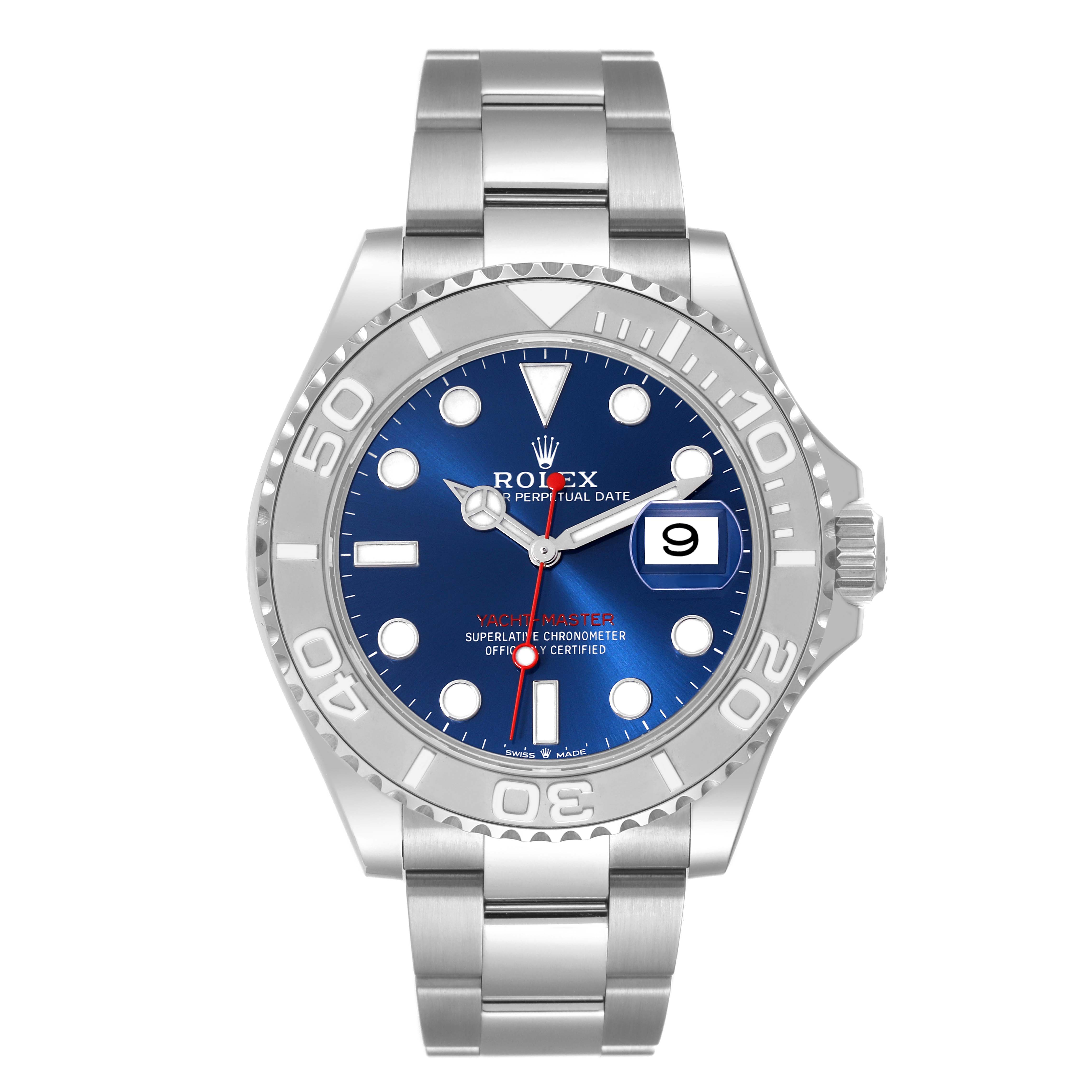 The image shows a front view of the Rolex Yacht-Master 126622 Men's Stainless Steel Blue Dial 126622 Men's Stainless Steel Blue Dial watch, displaying the dial, bezel, and bracelet.