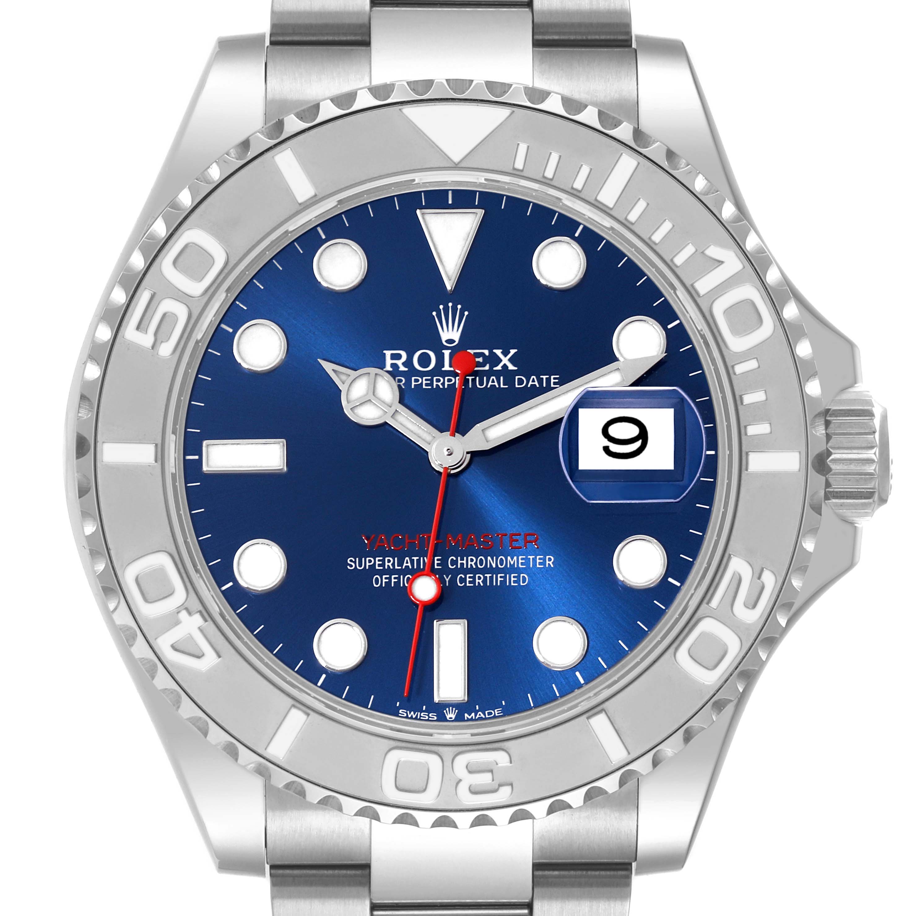 The image shows a frontal view of a Rolex Yacht-Master 126622 Men's Stainless Steel Blue Dial 126622 Men's Stainless Steel Blue Dial watch with a blue dial, date window, and stainless steel case and bracelet.