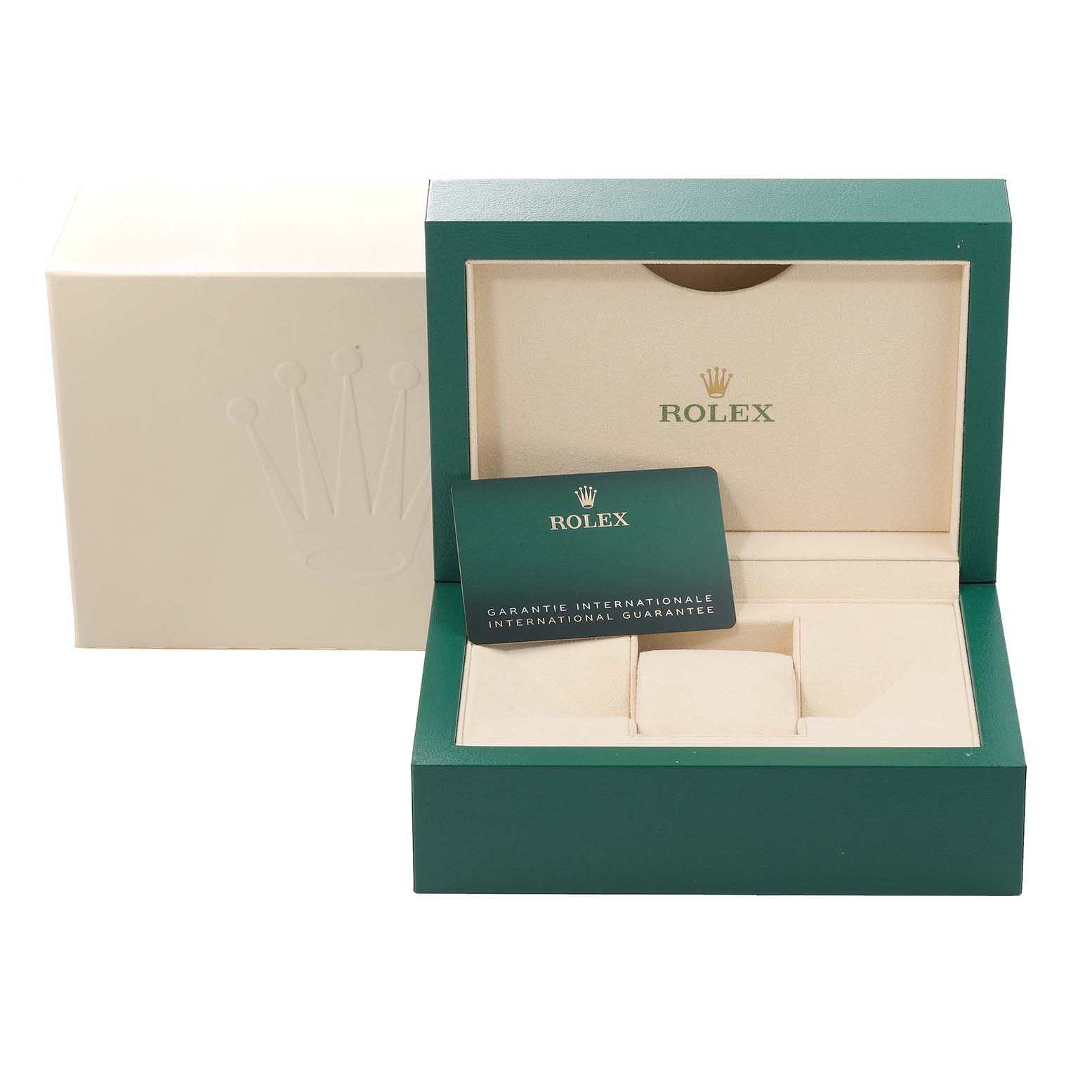 The image shows the packaging, inner box, and warranty card for the Rolex Yacht-Master 126622 Men's Stainless Steel Blue Dial 126622 Men's Stainless Steel Blue Dial watch, angled slightly from the front.