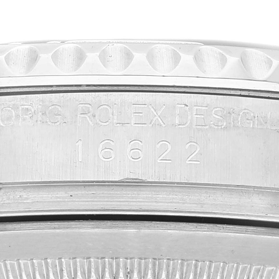 The image shows a close-up of the side of the bezel and case of a Rolex Yacht-Master 16622 Men's Stainless Steel Silver Dial 16622 Men's Stainless Steel Silver Dial watch, displaying the engraved model number 16622.