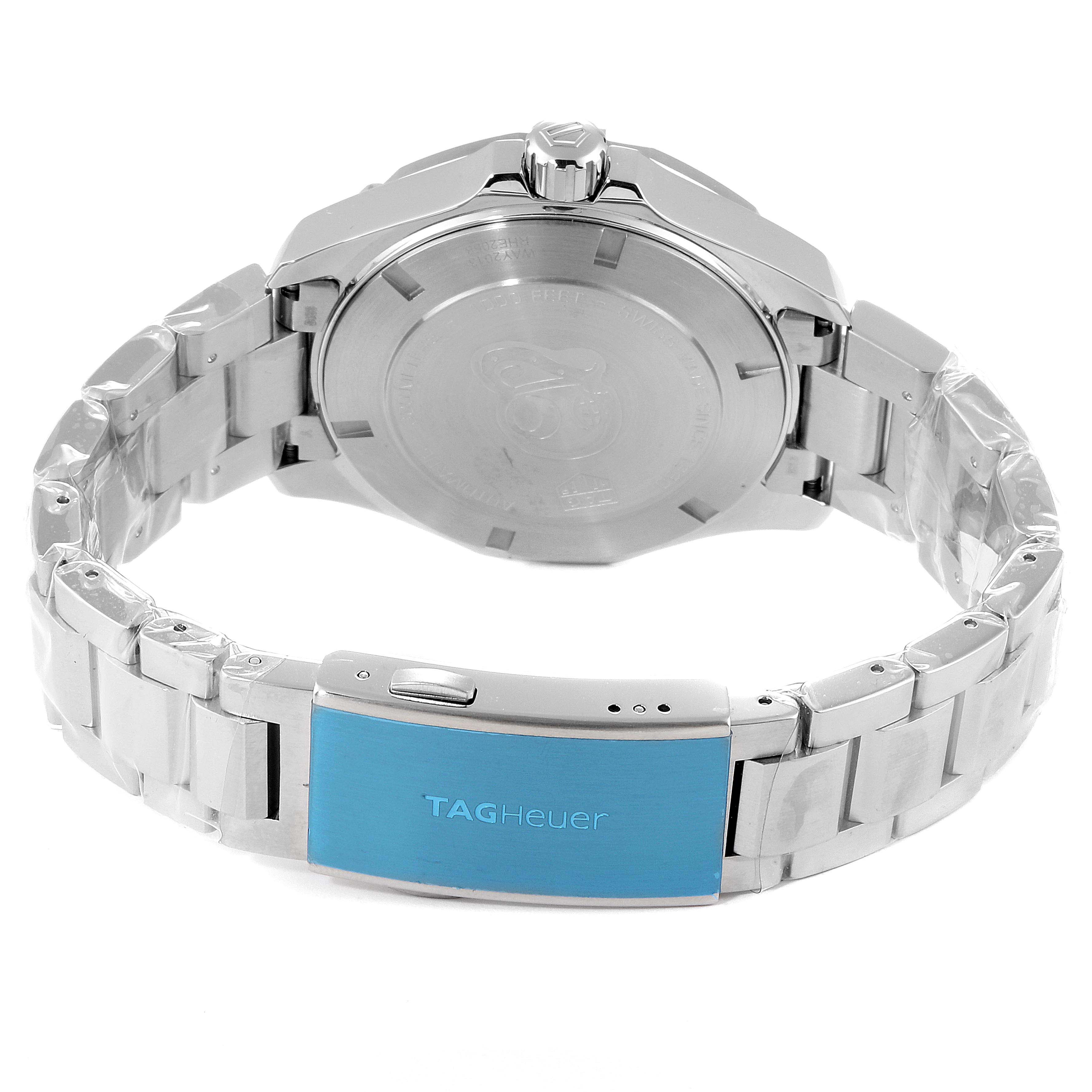 The image shows the back of a Tag Heuer Aquaracer WAY2013.BA0927 Men's Stainless Steel White Dial WAY2013.BA0927 Men's Stainless Steel White Dial watch, highlighting its case back and metal bracelet with a blue TAG Heuer clasp.