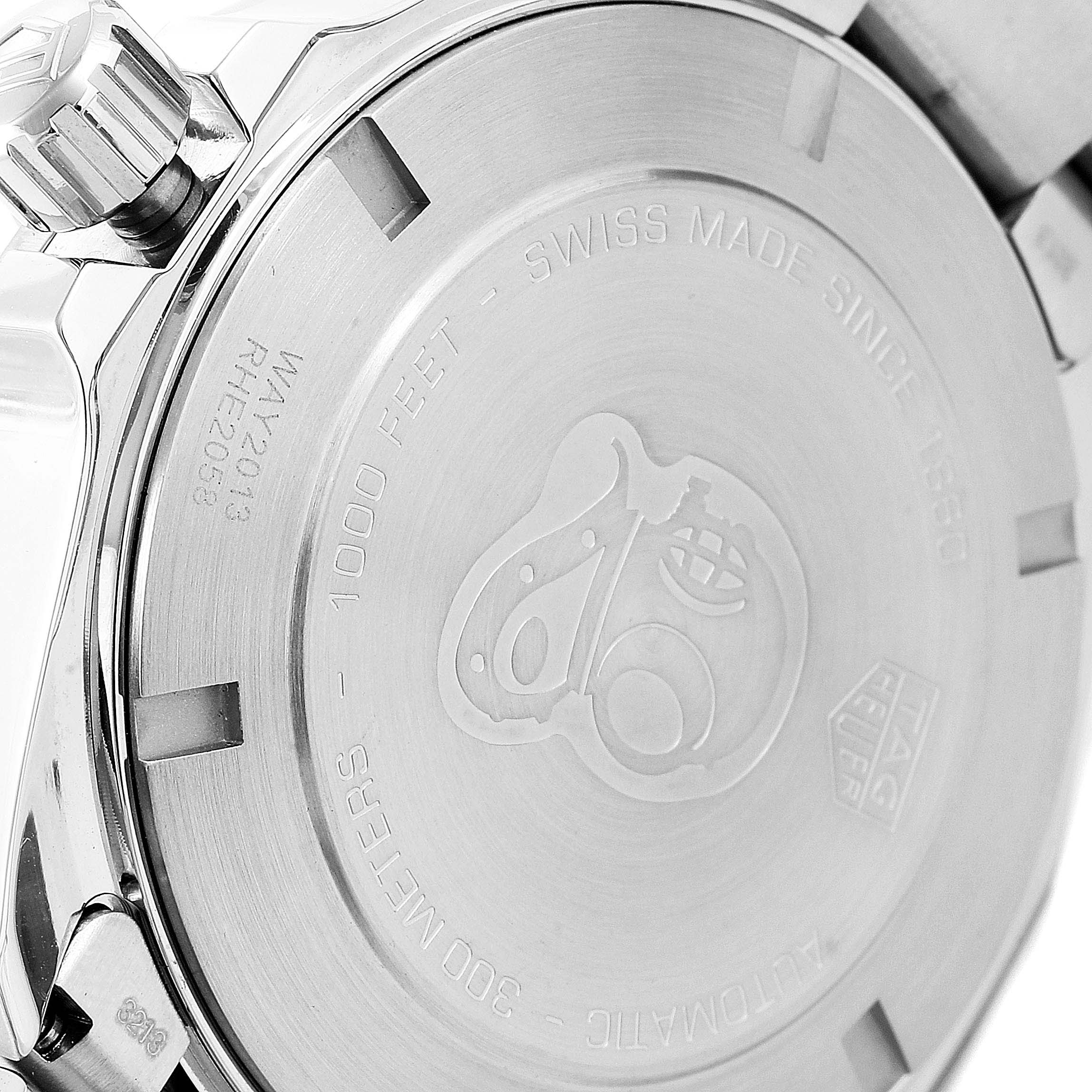 This image shows the back case and crown of a Tag Heuer Aquaracer WAY2013.BA0927 Men's Stainless Steel White Dial WAY2013.BA0927 Men's Stainless Steel White Dial watch, with engravings visible.