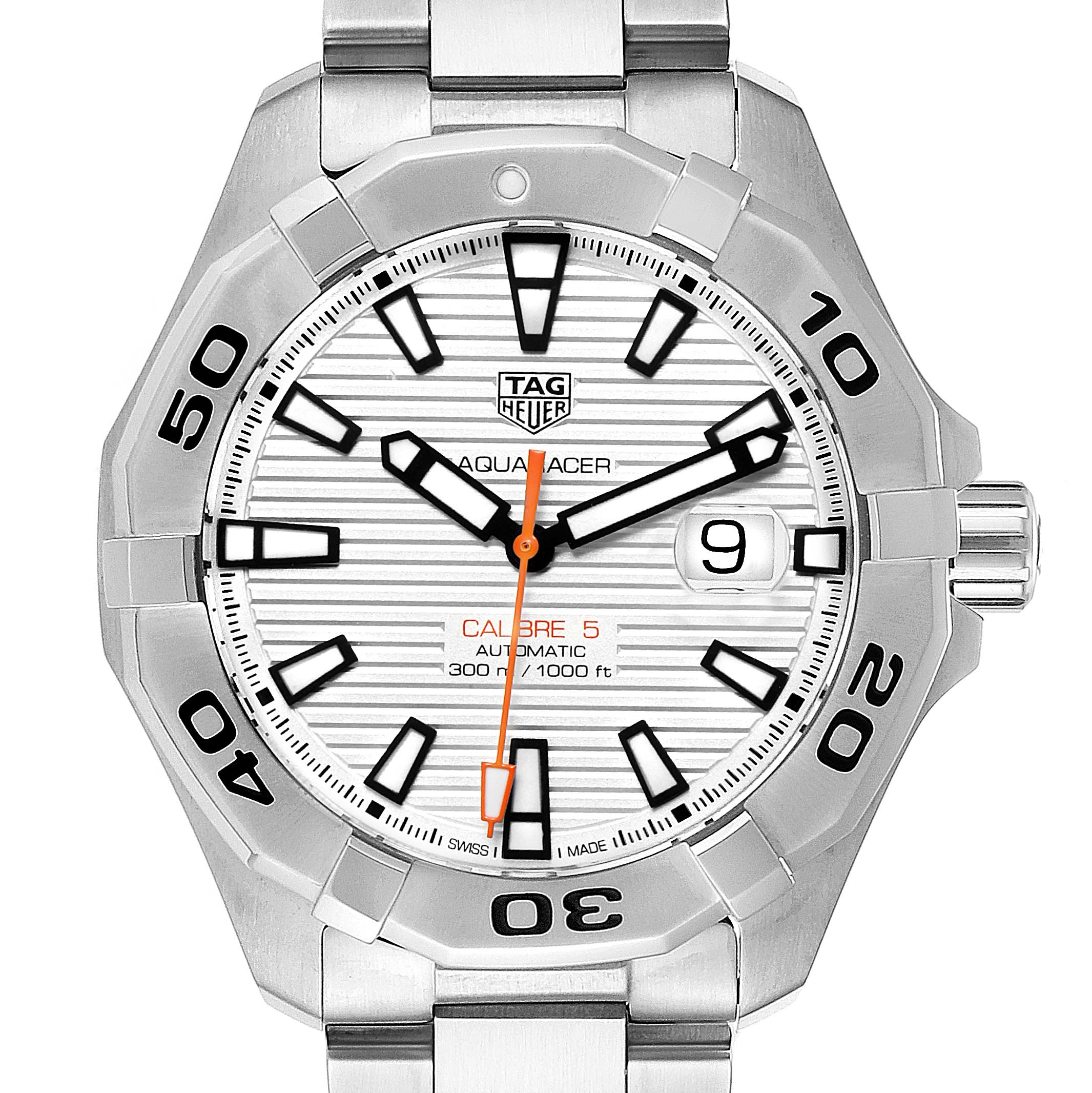 The image shows a front view of the Tag Heuer Aquaracer WAY2013.BA0927 Men's Stainless Steel White Dial WAY2013.BA0927 Men's Stainless Steel White Dial watch, highlighting its dial, bezel, and bracelet.