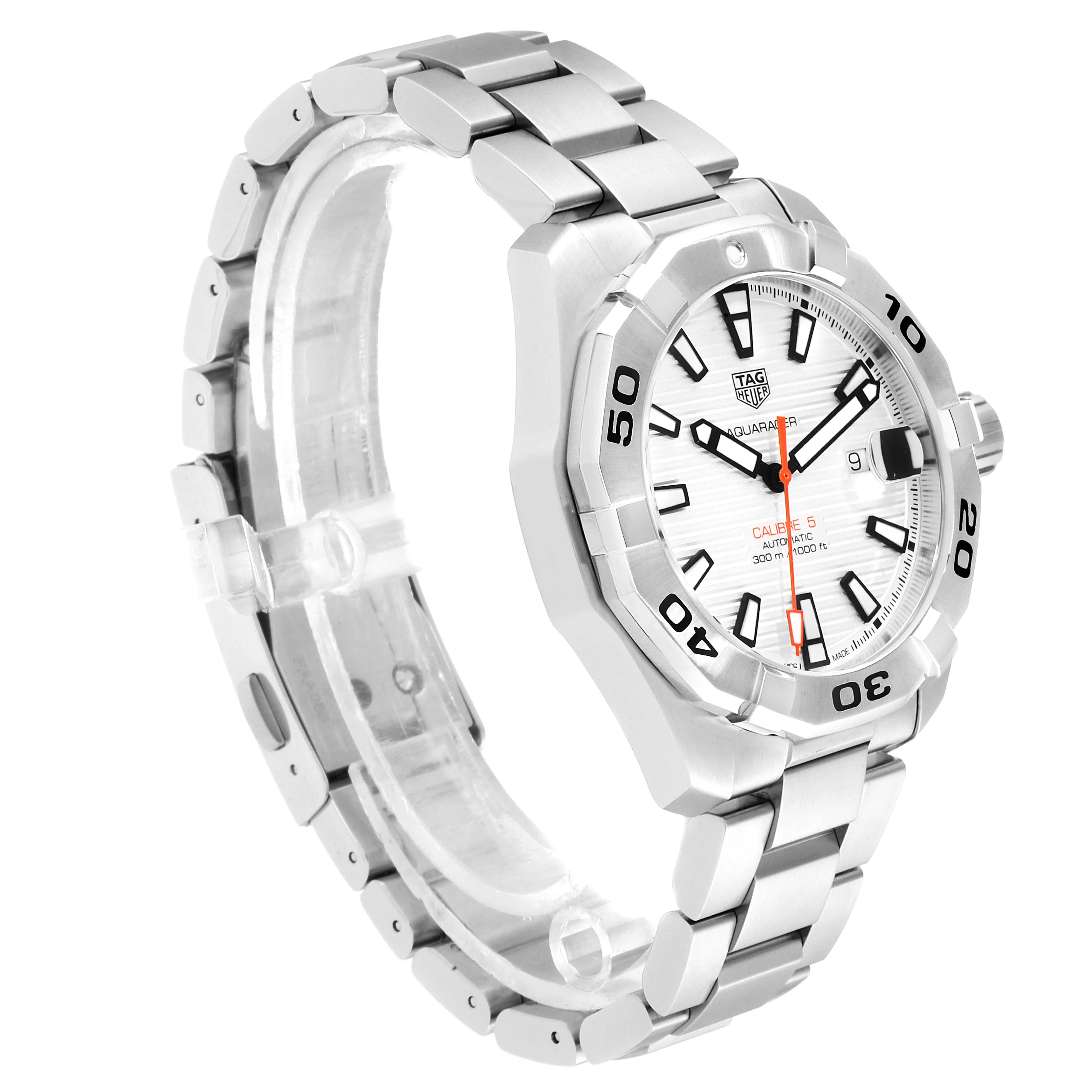 The image shows a side angle of the Tag Heuer Aquaracer WAY2013.BA0927 Men's Stainless Steel White Dial WAY2013.BA0927 Men's Stainless Steel White Dial watch, featuring its stainless steel bracelet, bezel, and dial.