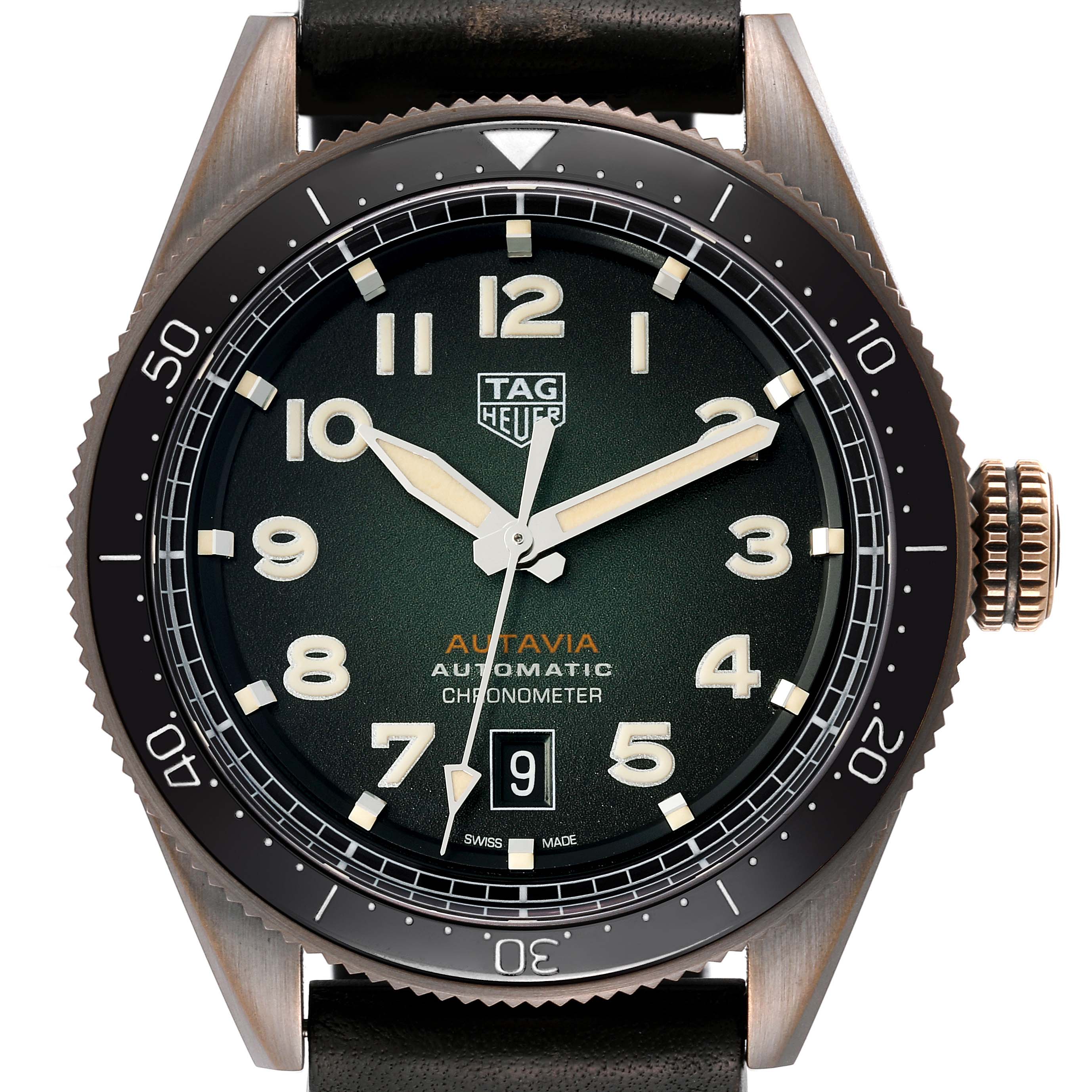 The image shows a front view of the Tag Heuer Autavia WBE5190.FC8268 Men's Bronze Green Dial WBE5190.FC8268 Men's Bronze Green Dial watch, displaying its face, bezel, crown, and part of the strap.