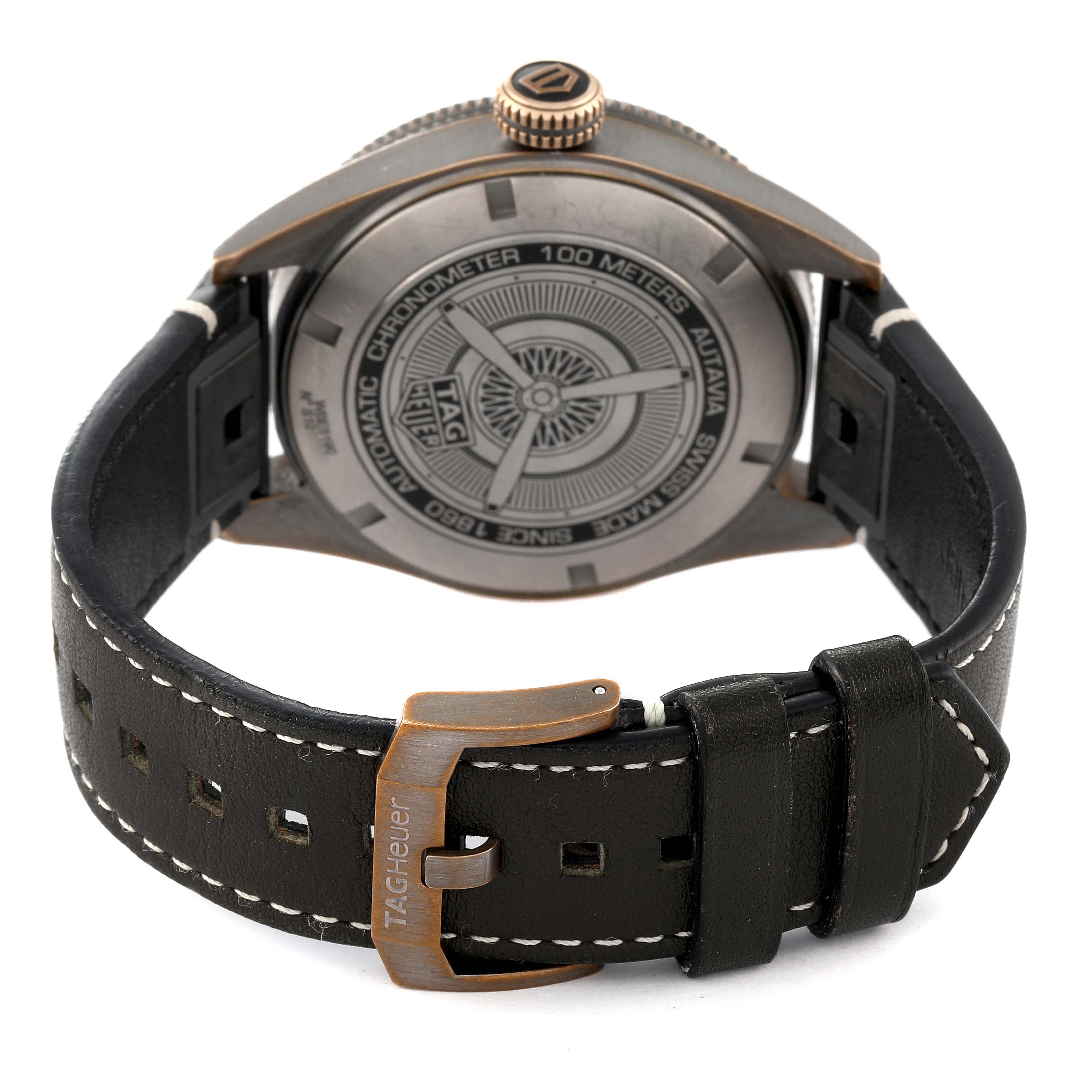 This image shows the back case and adjustable leather strap of the Tag Heuer Autavia WBE5190.FC8268 Men's Bronze Green Dial WBE5190.FC8268 Men's Bronze Green Dial watch.