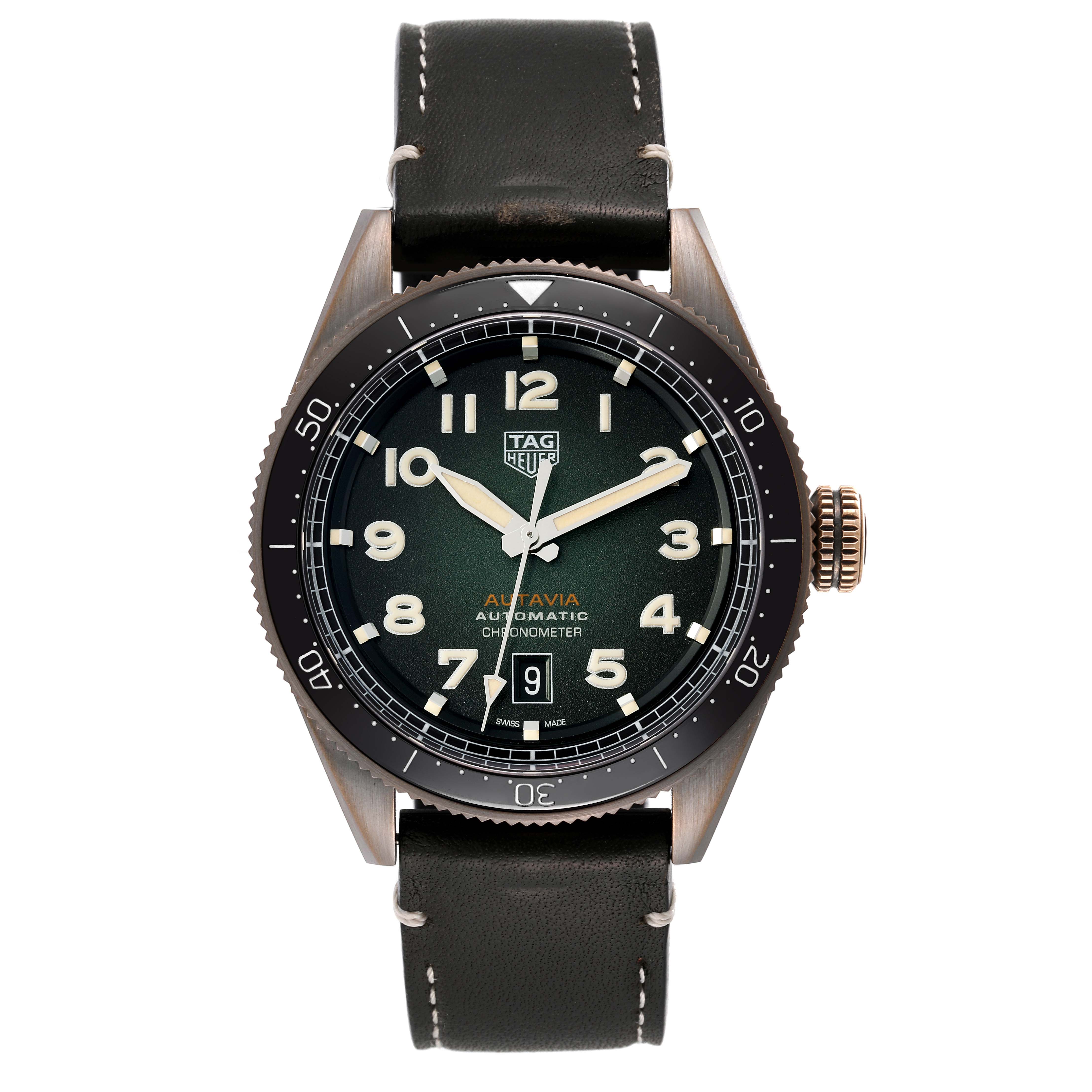 The image displays a front view of a Tag Heuer Autavia WBE5190.FC8268 Men's Bronze Green Dial WBE5190.FC8268 Men's Bronze Green Dial model watch, showing the dial, bezel, and leather strap.