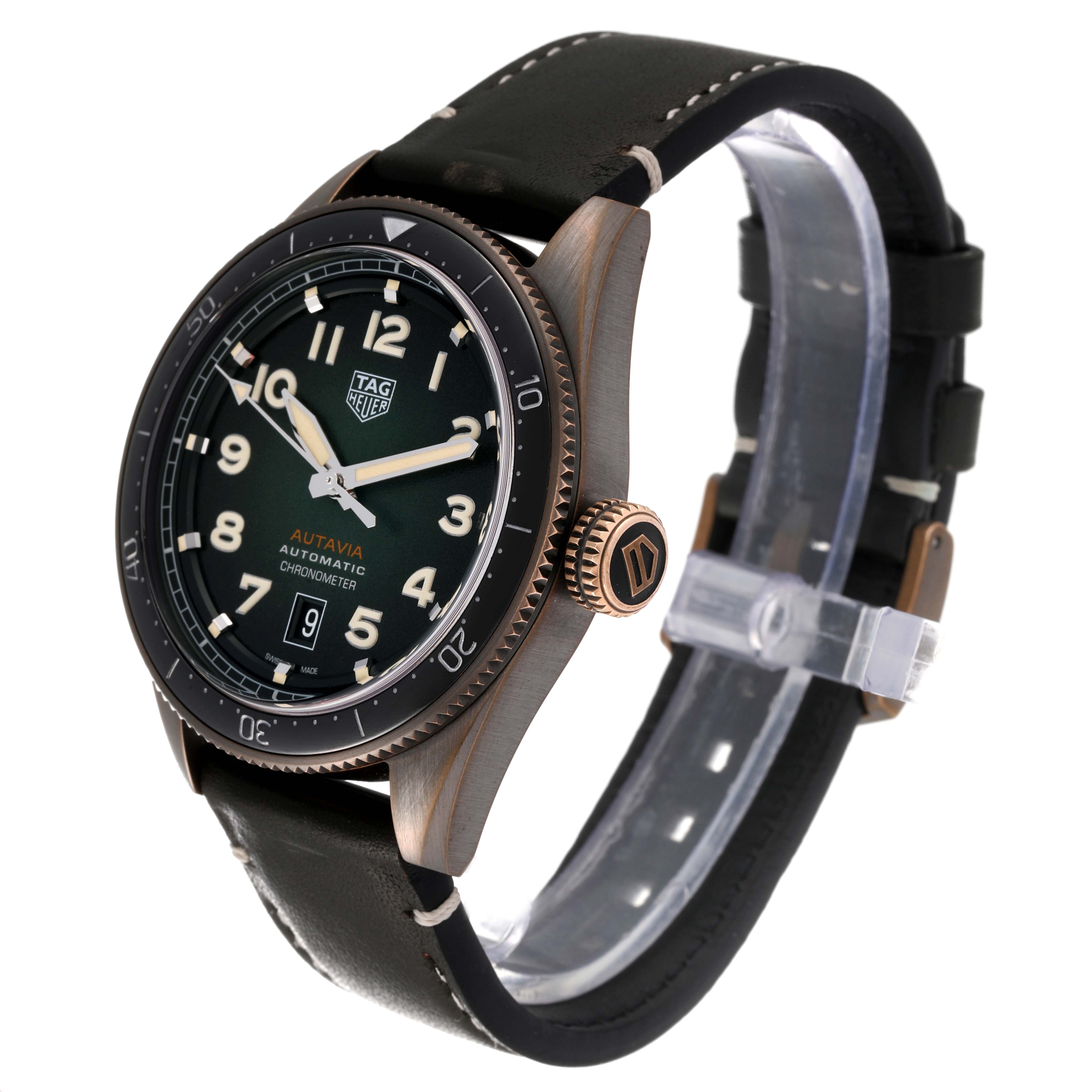 The image shows a Tag Heuer Autavia WBE5190.FC8268 Men's Bronze Green Dial WBE5190.FC8268 Men's Bronze Green Dial watch from an angled front view, highlighting the dial, bezel, crown, and strap.