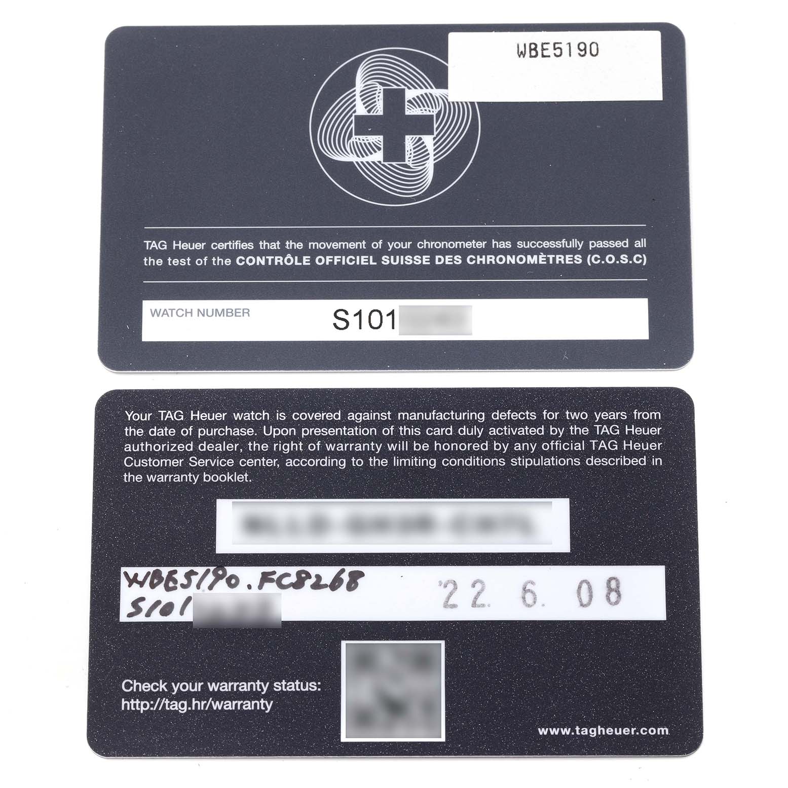 The image displays two warranty cards for the Tag Heuer Autavia WBE5190.FC8268 Men's Bronze Green Dial WBE5190.FC8268 Men's Bronze Green Dial watch model.