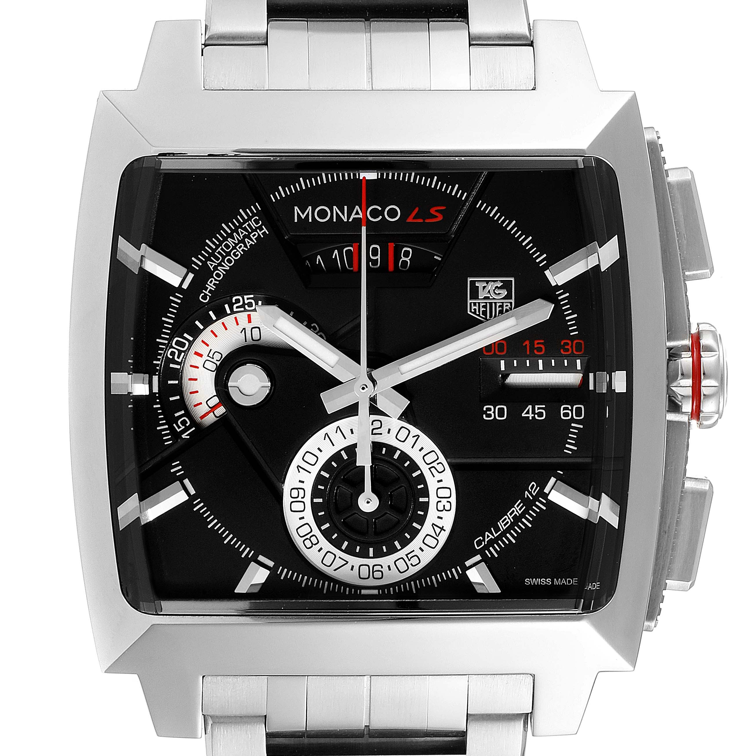 The image shows a frontal view of the Tag Heuer Monaco CAL2110.BA0781 Men's Stainless Steel Black Dial CAL2110.BA0781 Men's Stainless Steel Black Dial watch featuring its dial and case.