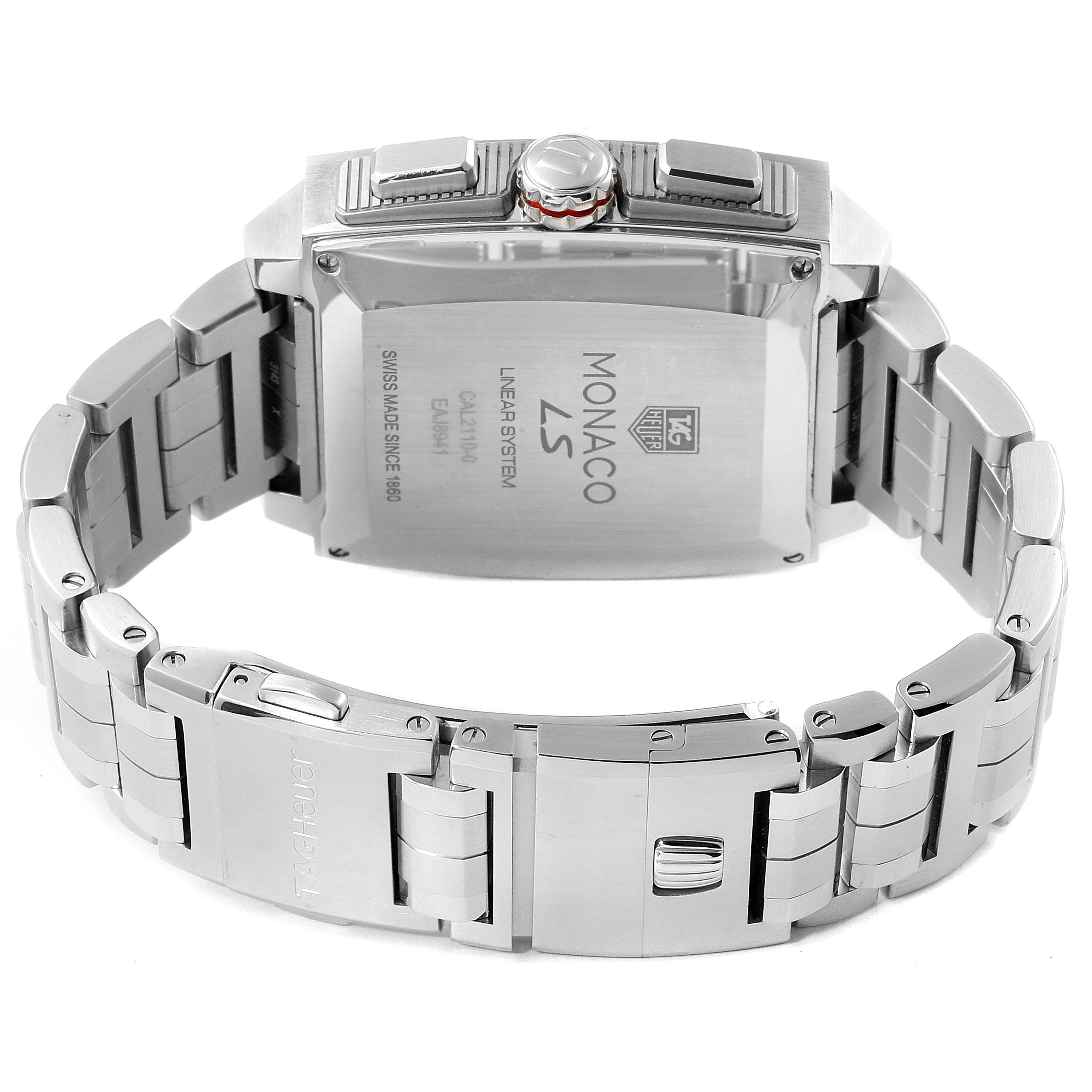 The image shows the back case and metal bracelet of a Tag Heuer Monaco CAL2110.BA0781 Men's Stainless Steel Black Dial CAL2110.BA0781 Men's Stainless Steel Black Dial watch.