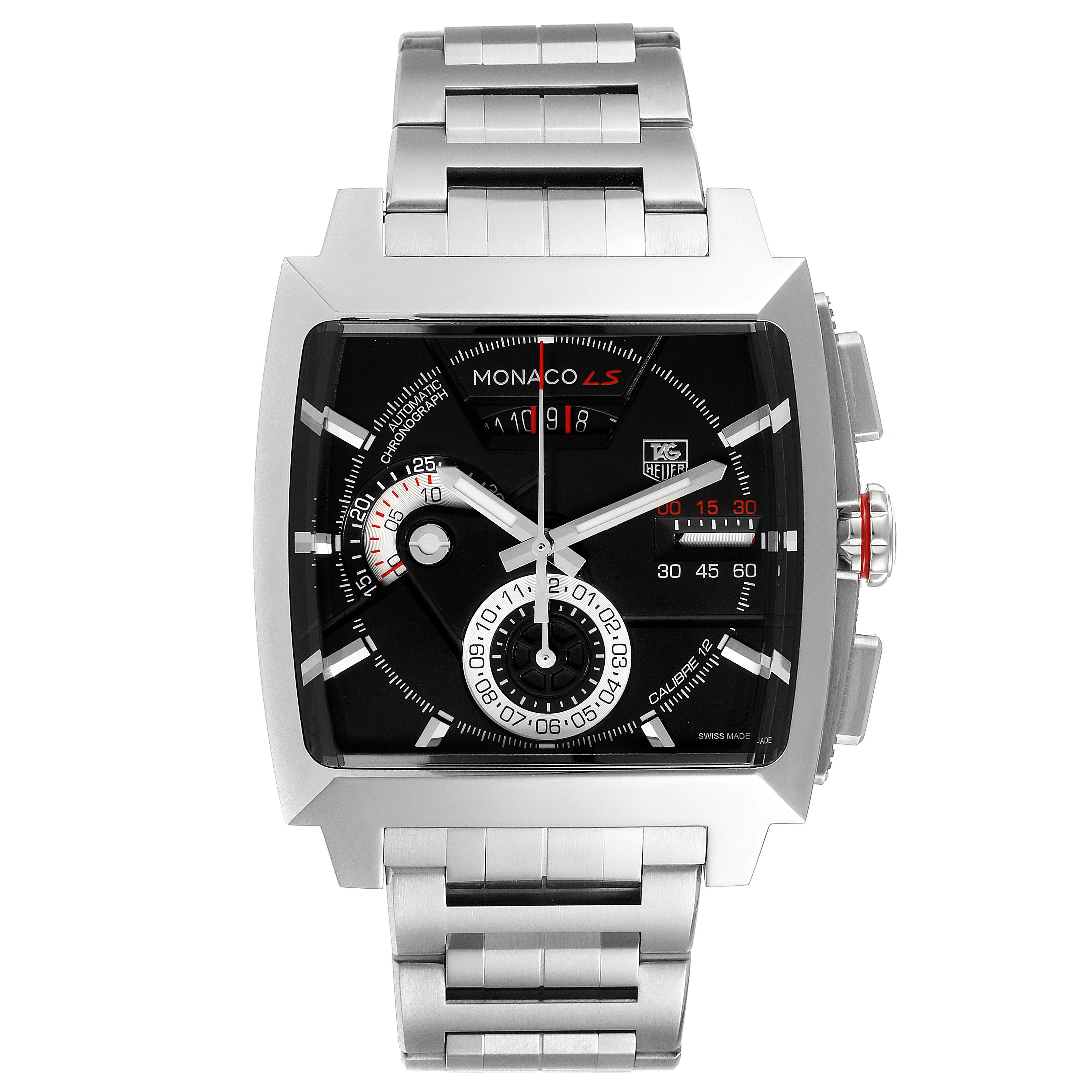 The Tag Heuer Monaco CAL2110.BA0781 Men's Stainless Steel Black Dial CAL2110.BA0781 Men's Stainless Steel Black Dial model watch is shown from a frontal angle, displaying its square dial and metal bracelet.