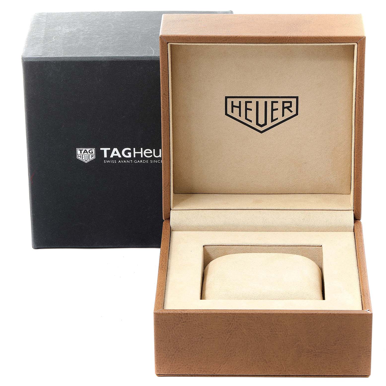 The image shows the packaging of a Tag Heuer Monaco CAL2110.BA0781 Men's Stainless Steel Black Dial CAL2110.BA0781 Men's Stainless Steel Black Dial watch, including the inner box and outer box.