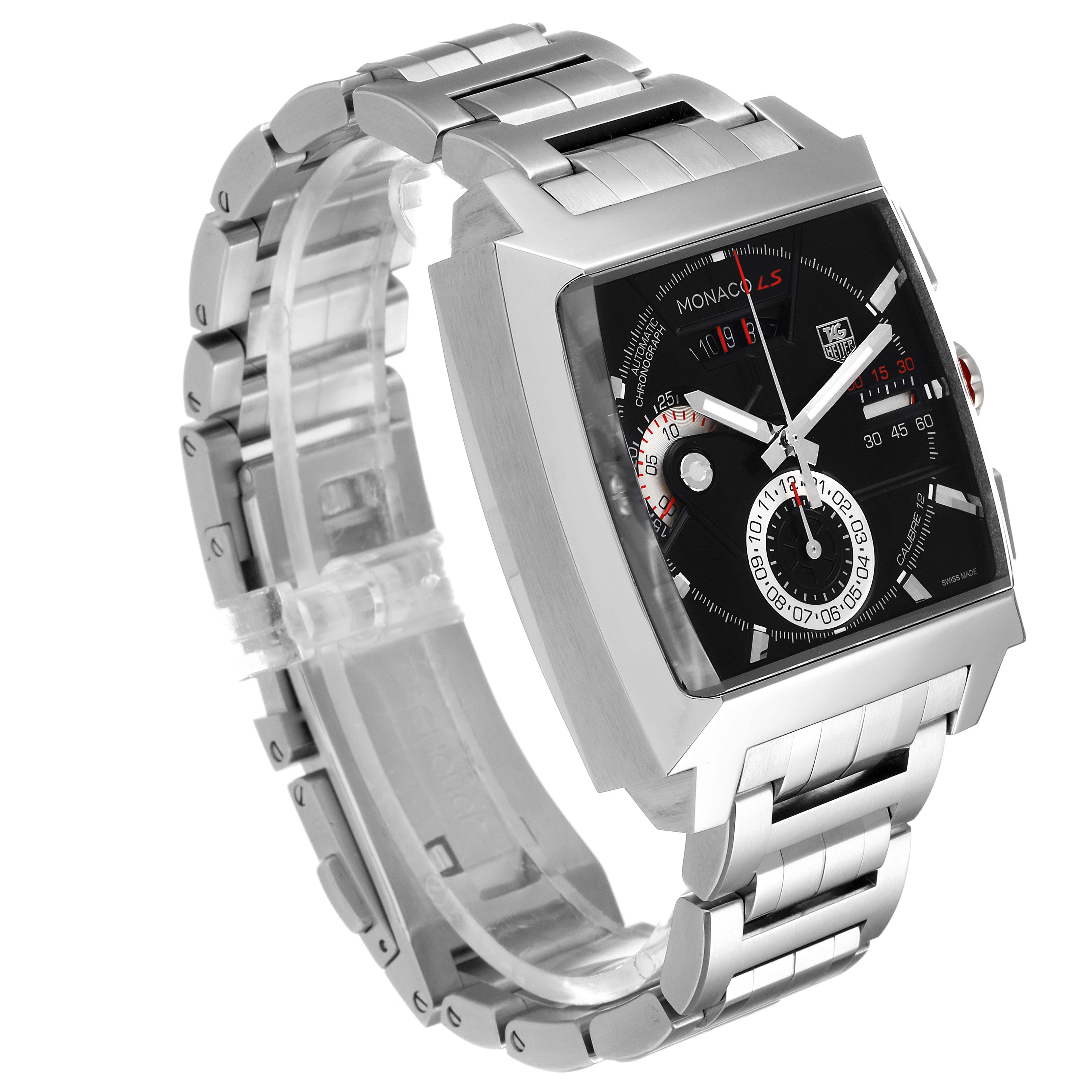 The image shows a Tag Heuer Monaco CAL2110.BA0781 Men's Stainless Steel Black Dial CAL2110.BA0781 Men's Stainless Steel Black Dial LS watch at a slight angle, highlighting the square face, metal band, and detailing on the dial.