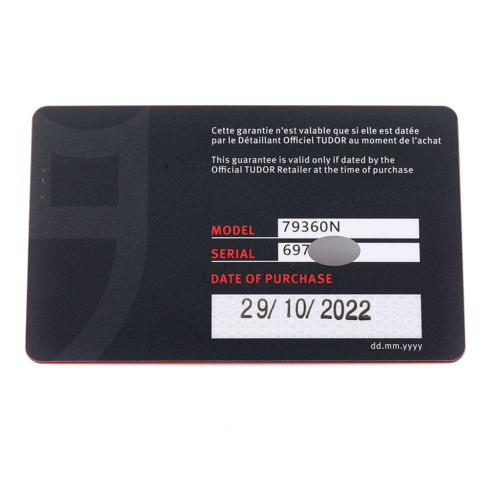 This image shows the warranty card for the Tudor Heritage Chrono M79360N-0002 Men's Stainless Steel Silver Dial M79360N-0002 Men's Stainless Steel Silver Dial model 79360N with the purchase date listed.