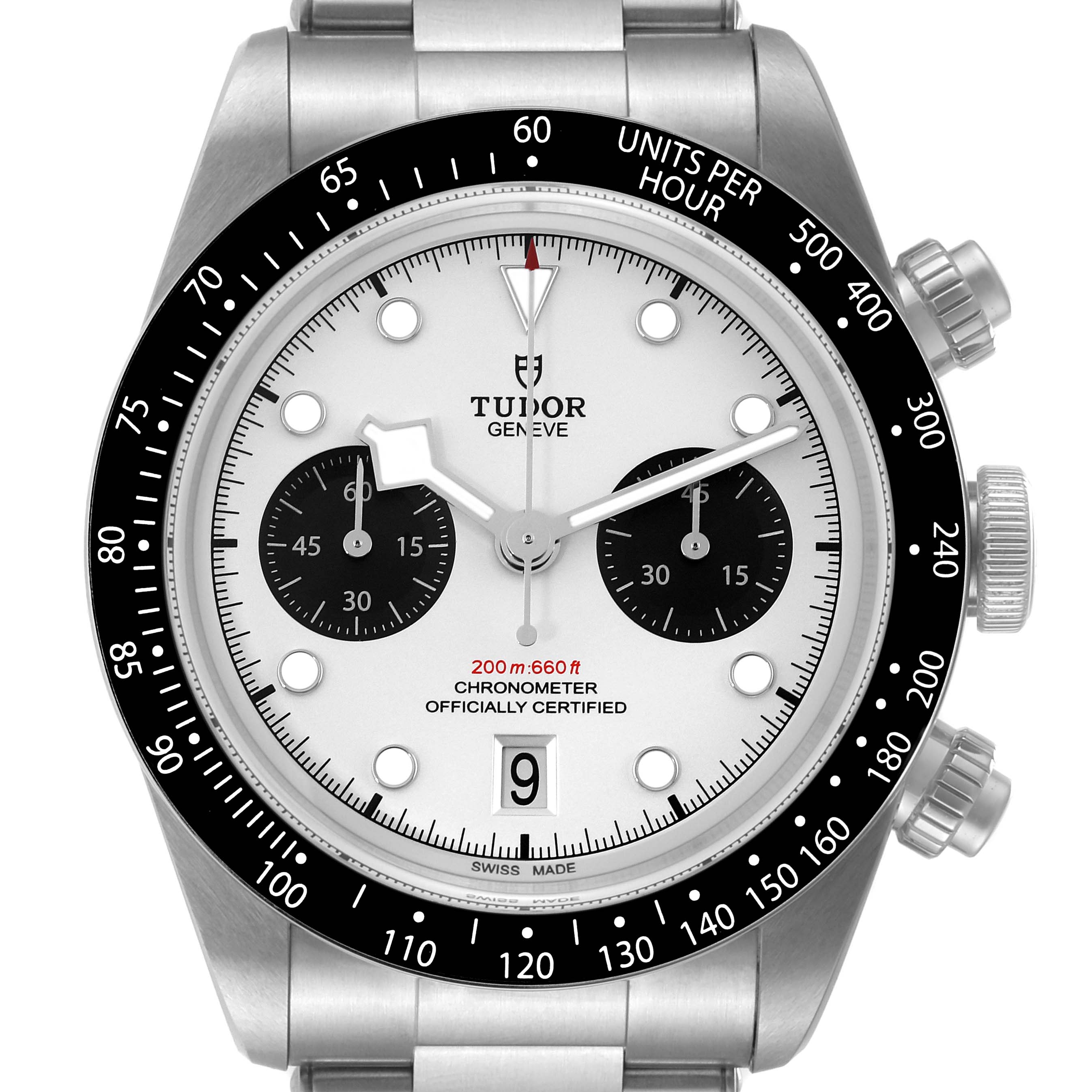 The image shows a front view of the Tudor Heritage Chrono M79360N-0002 Men's Stainless Steel Silver Dial M79360N-0002 Men's Stainless Steel Silver Dial watch displaying its dial, bezel, and bracelet.