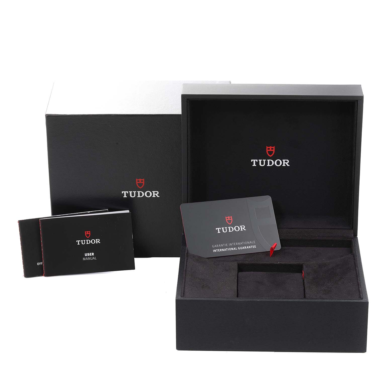 The image shows the packaging, warranty card, and user manual for the Tudor Heritage Chrono M79360N-0002 Men's Stainless Steel Silver Dial M79360N-0002 Men's Stainless Steel Silver Dial watch.