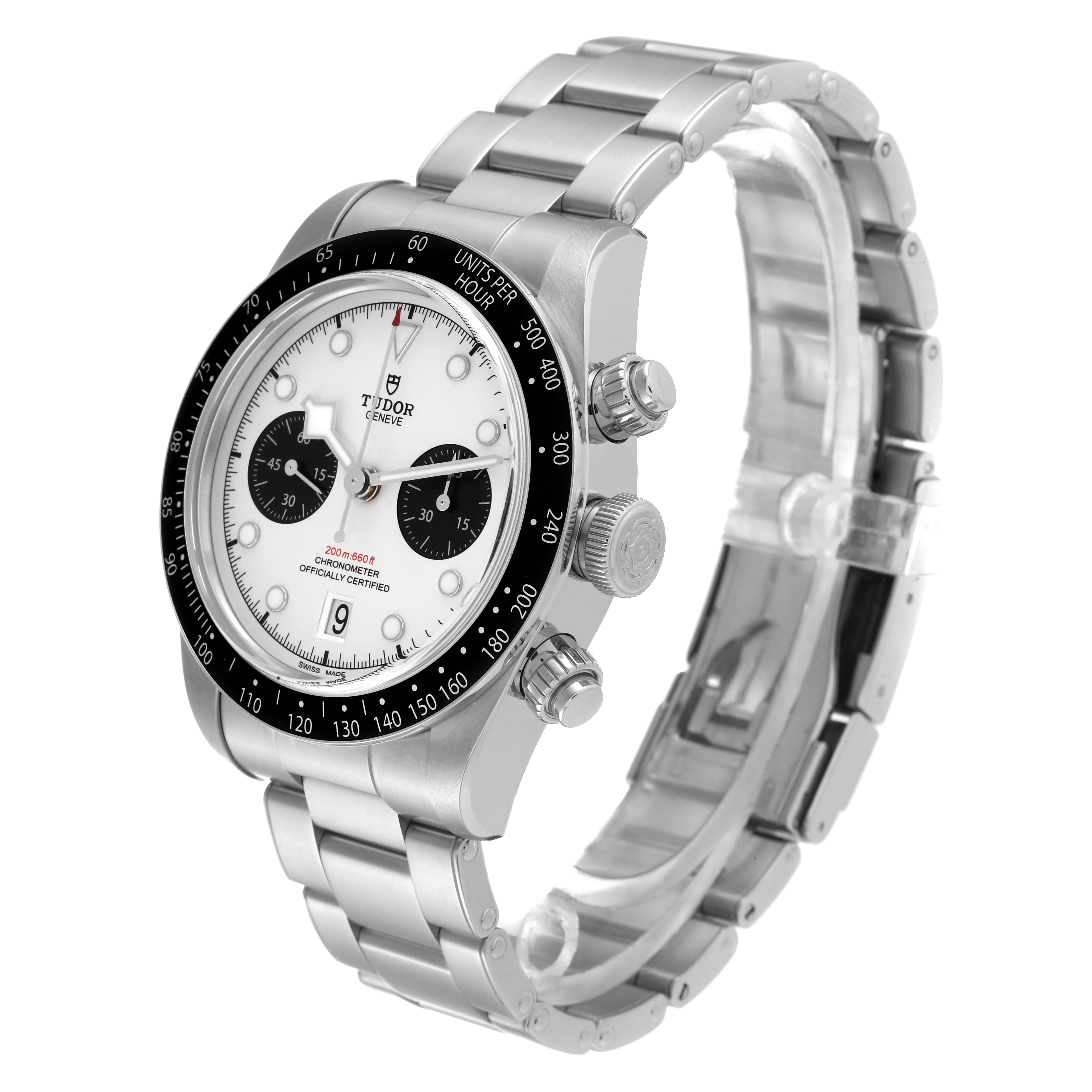 The Tudor Heritage Chrono M79360N-0002 Men's Stainless Steel Silver Dial M79360N-0002 Men's Stainless Steel Silver Dial watch is shown at a three-quarter angle, displaying the face, bezel, crown, pushers, and bracelet.