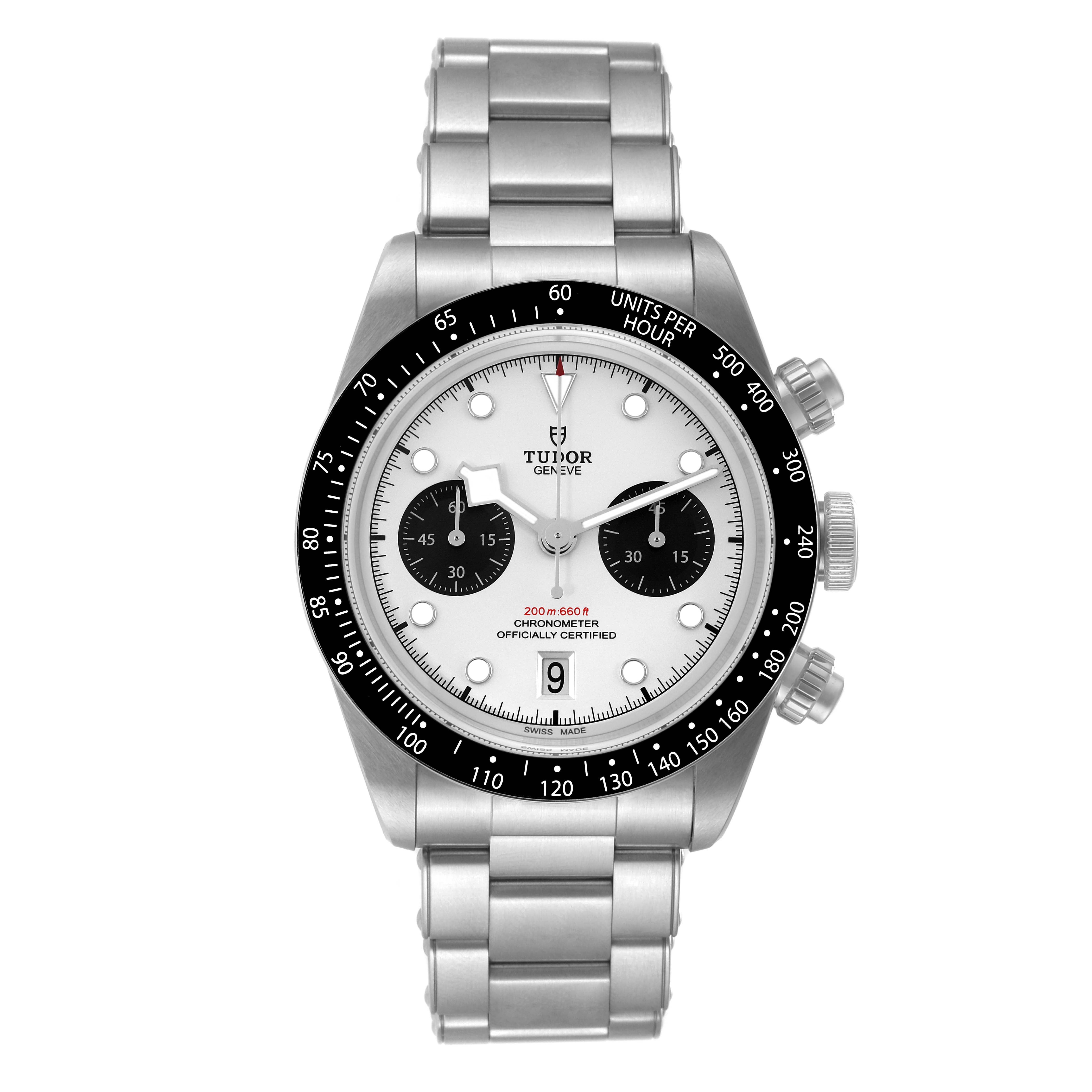 This is a frontal view of the Tudor Heritage Chrono M79360N-0002 Men's Stainless Steel Silver Dial M79360N-0002 Men's Stainless Steel Silver Dial watch displaying its face, bezel, crown, and strap.