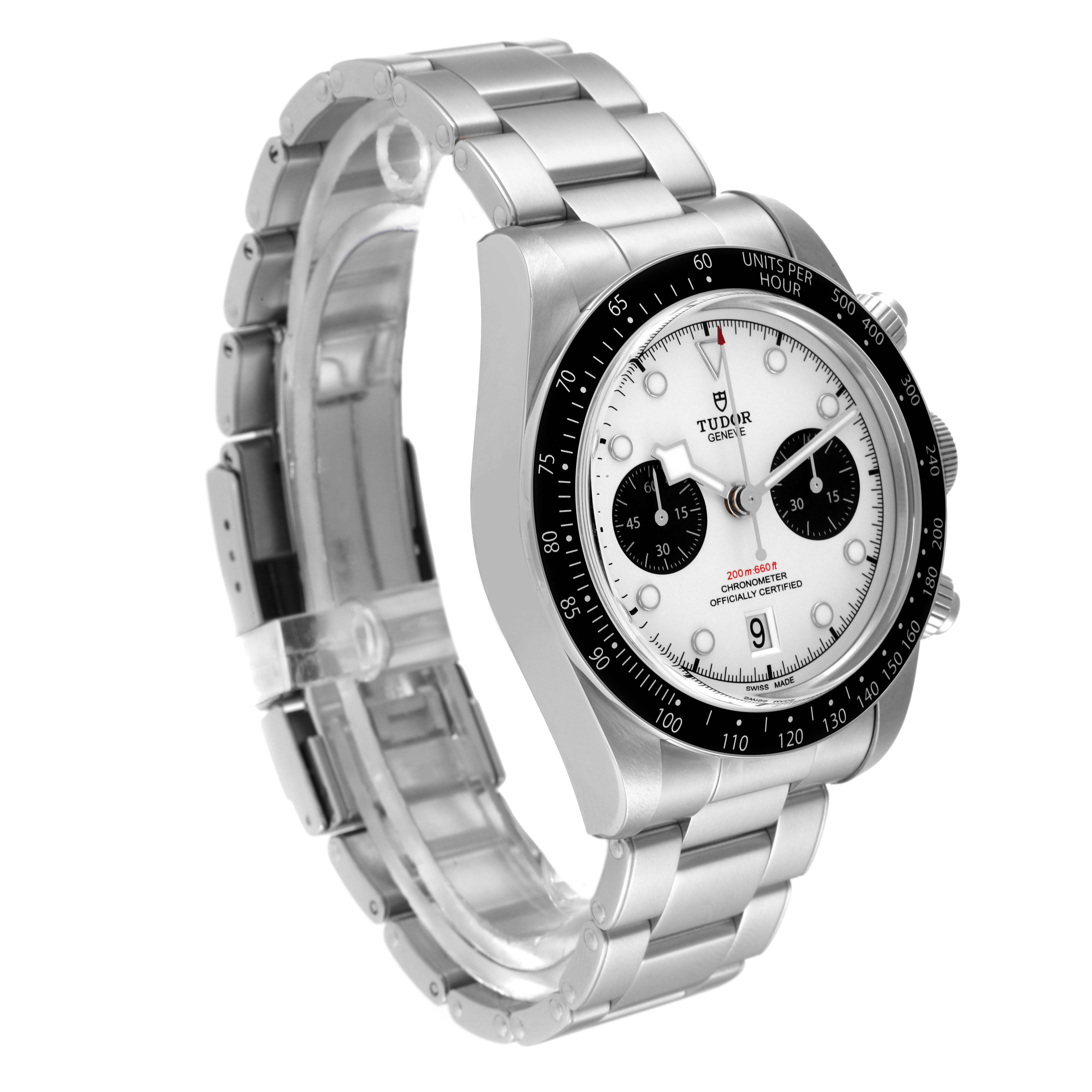 The Tudor Heritage Chrono M79360N-0002 Men's Stainless Steel Silver Dial M79360N-0002 Men's Stainless Steel Silver Dial watch is shown at a three-quarter angle, highlighting its stainless steel bracelet, bezel, and dial.