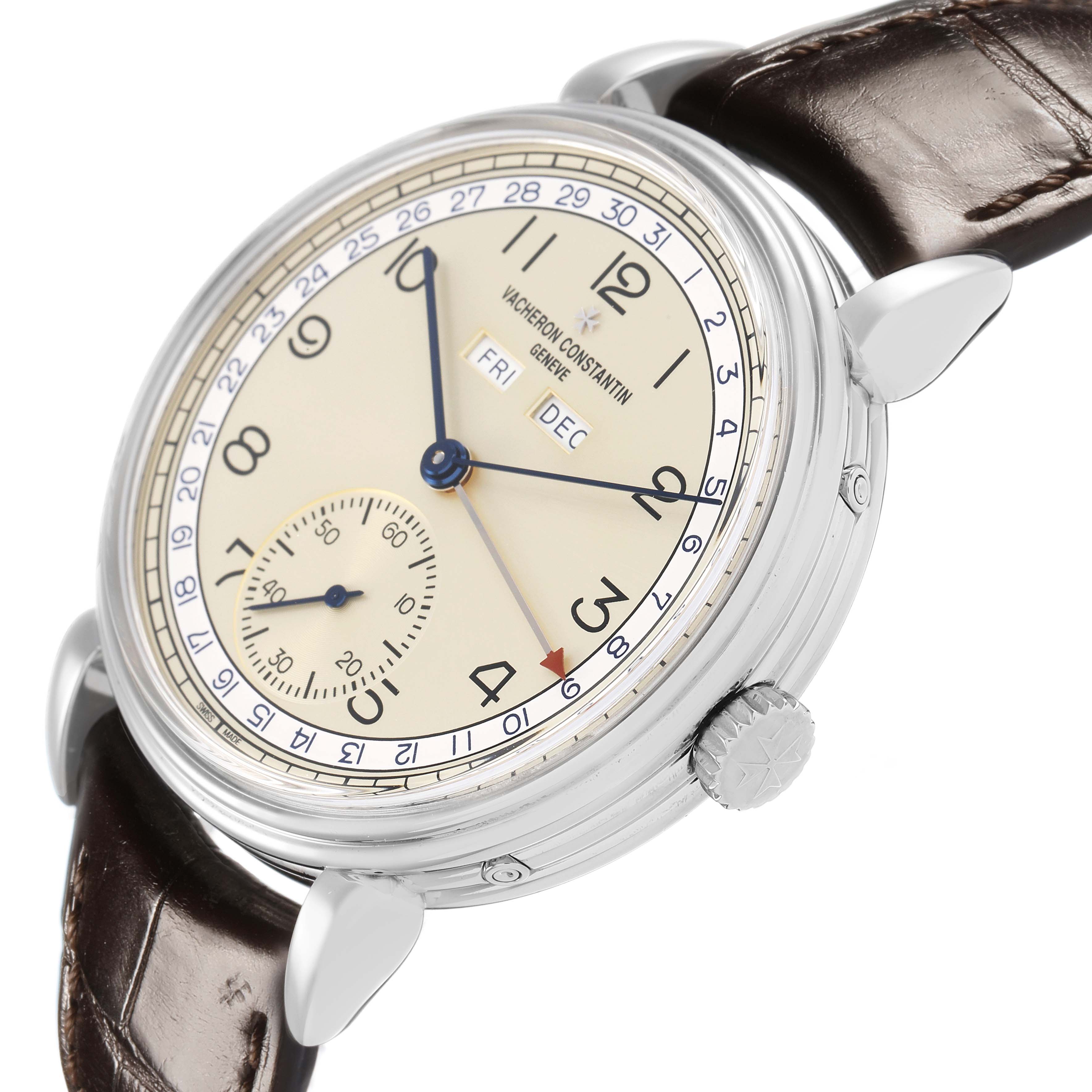 The Vacheron Constantin Historiques 3110V Men's Stainless Steel Silver Dial watch is shown at a side angle, displaying the dial, lugs, crown, and part of the leather strap.