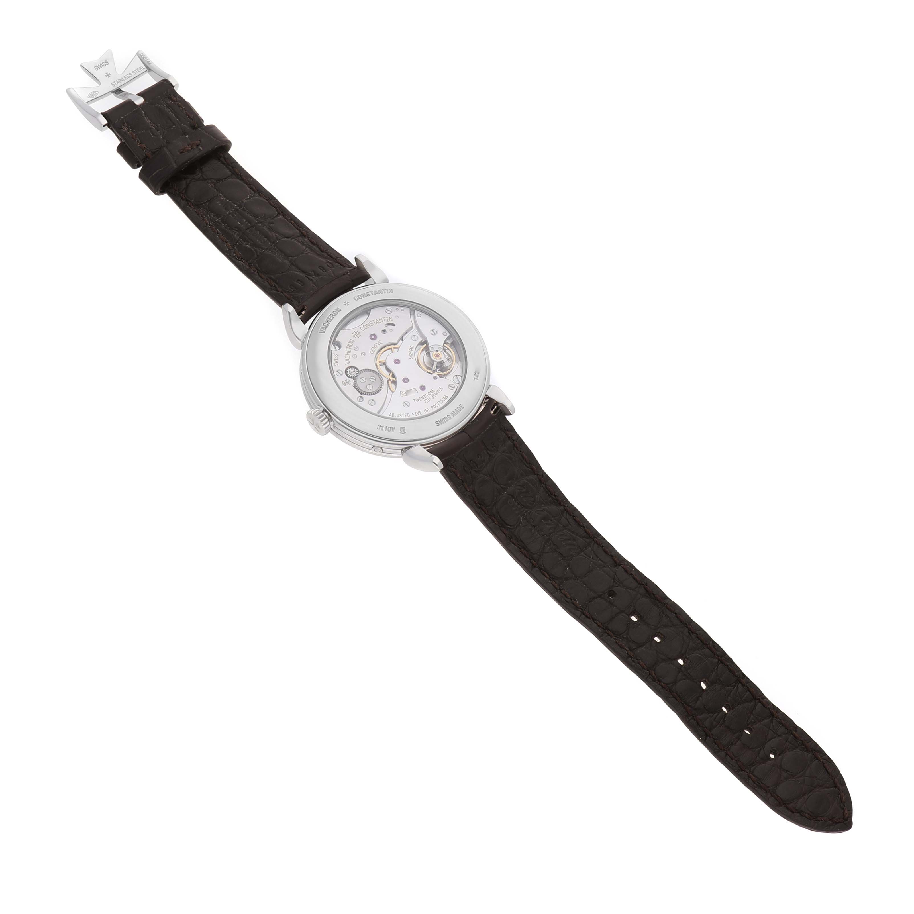 The image shows the Vacheron Constantin Historiques 3110V Men's Stainless Steel Silver Dial watch from the back, featuring its movement and leather strap.