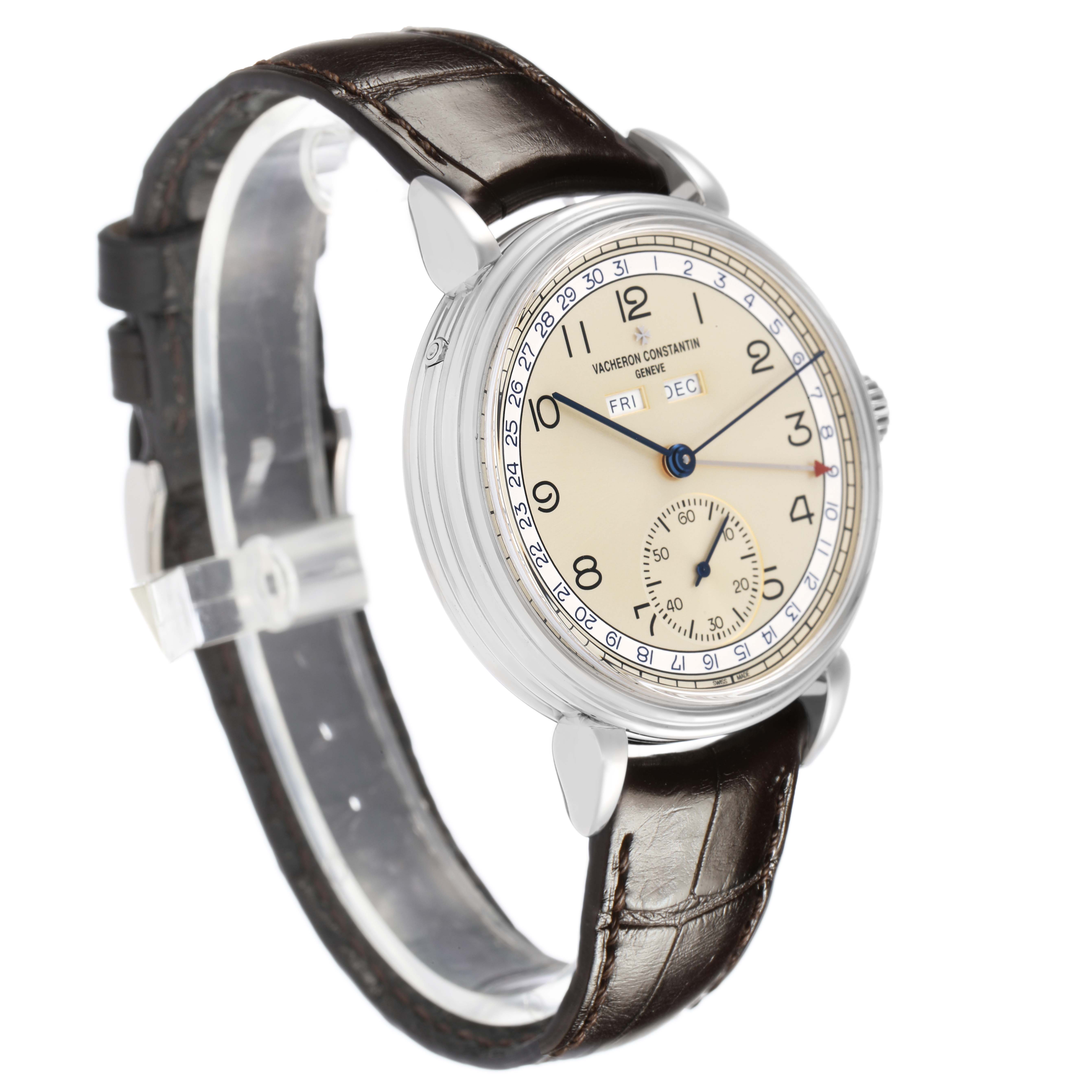 The Vacheron Constantin Historiques 3110V Men's Stainless Steel Silver Dial watch is shown at a slight angle, highlighting the face, brown leather strap, and side profile.
