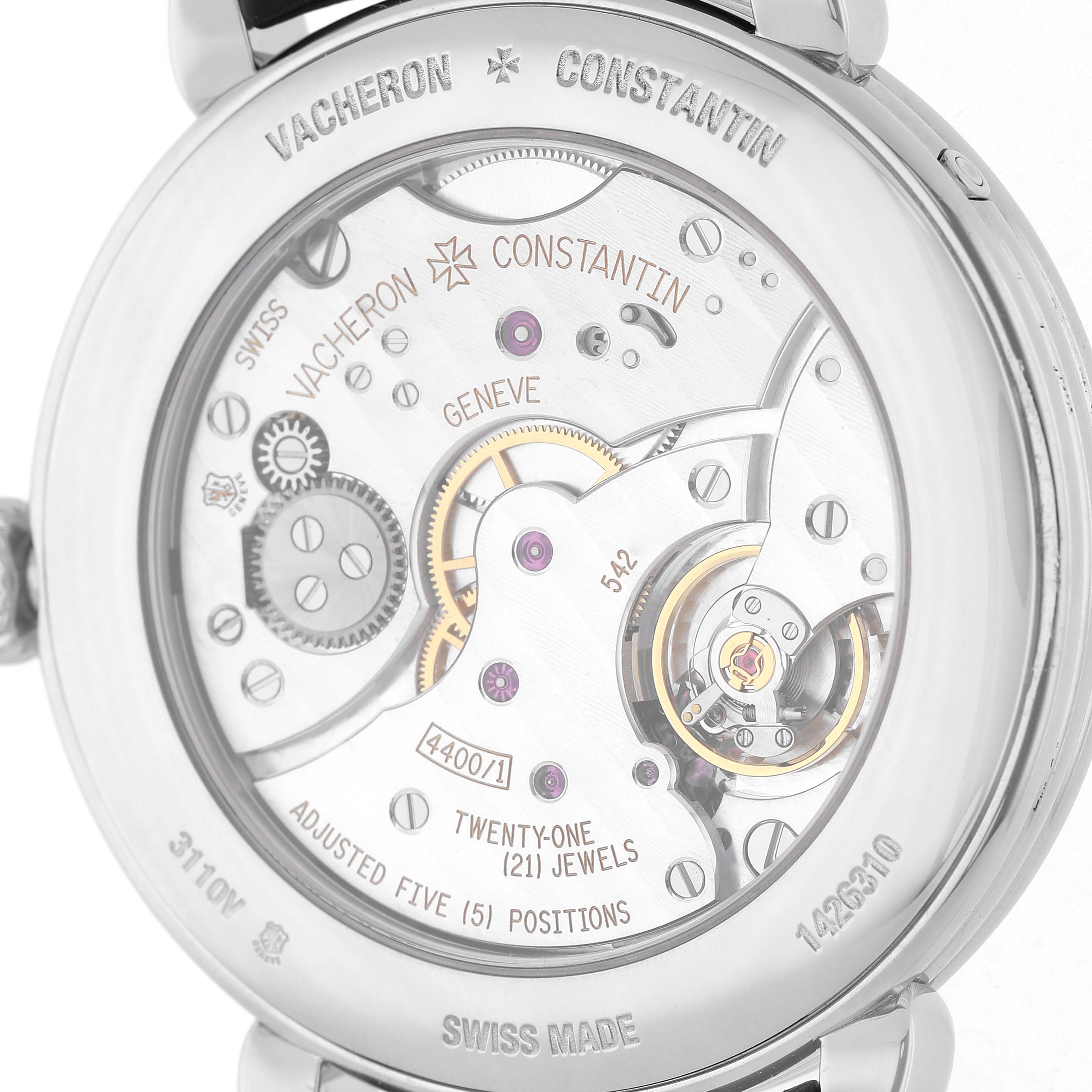 The image shows the back view of a Vacheron Constantin Historiques 3110V Men's Stainless Steel Silver Dial watch, displaying its intricate mechanical movement.