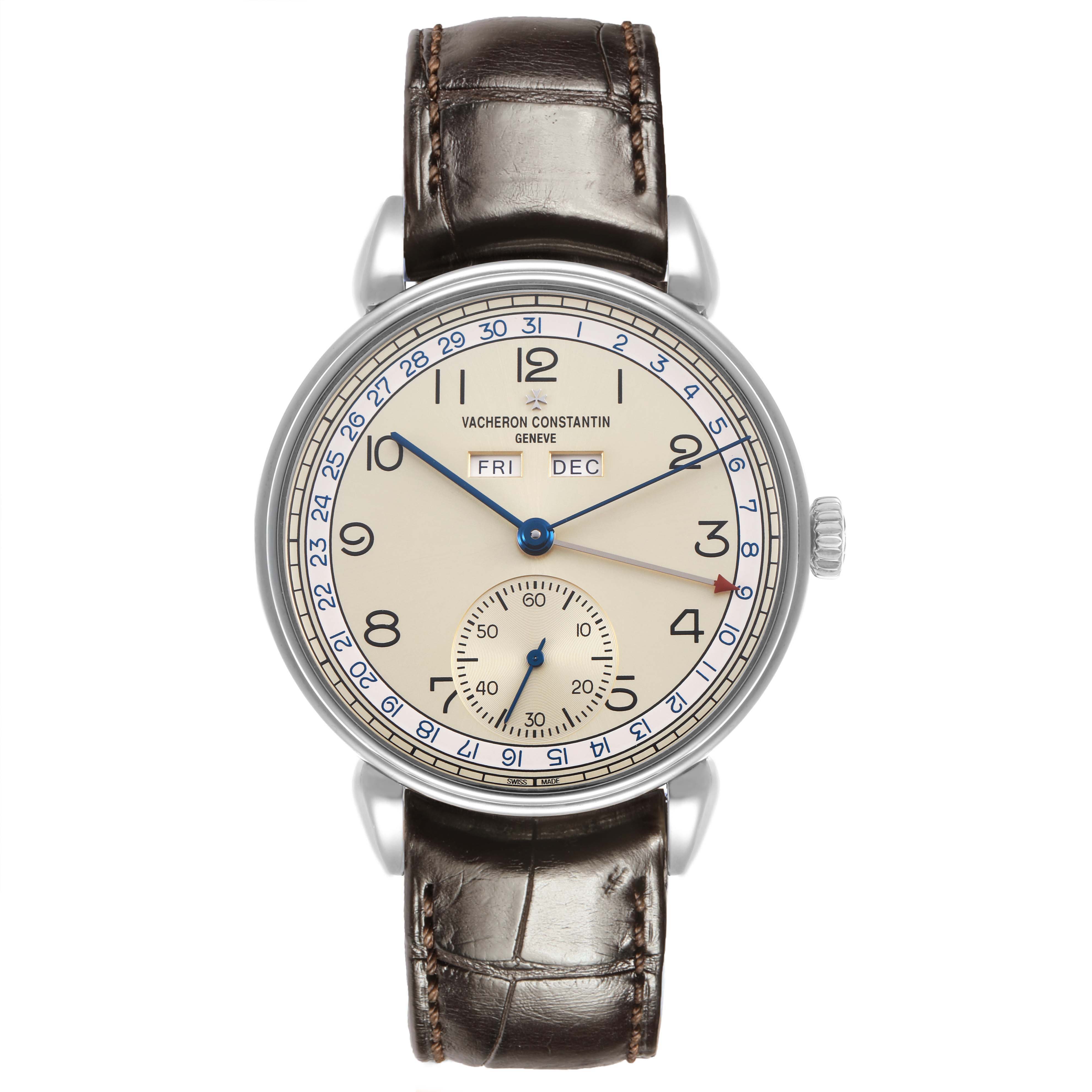 The Vacheron Constantin Historiques 3110V Men's Stainless Steel Silver Dial watch is shown from the front, displaying its dial, hands, sub-dial, and leather strap.