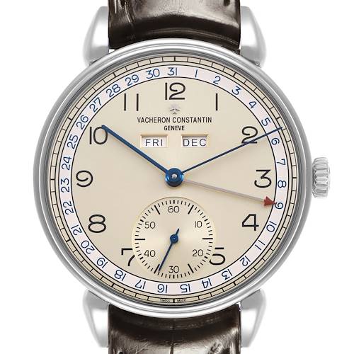 The Vacheron Constantin Historiques 3110V Men's Stainless Steel Silver Dial watch is shown from the front, displaying the face with day, date, and second subdial features.