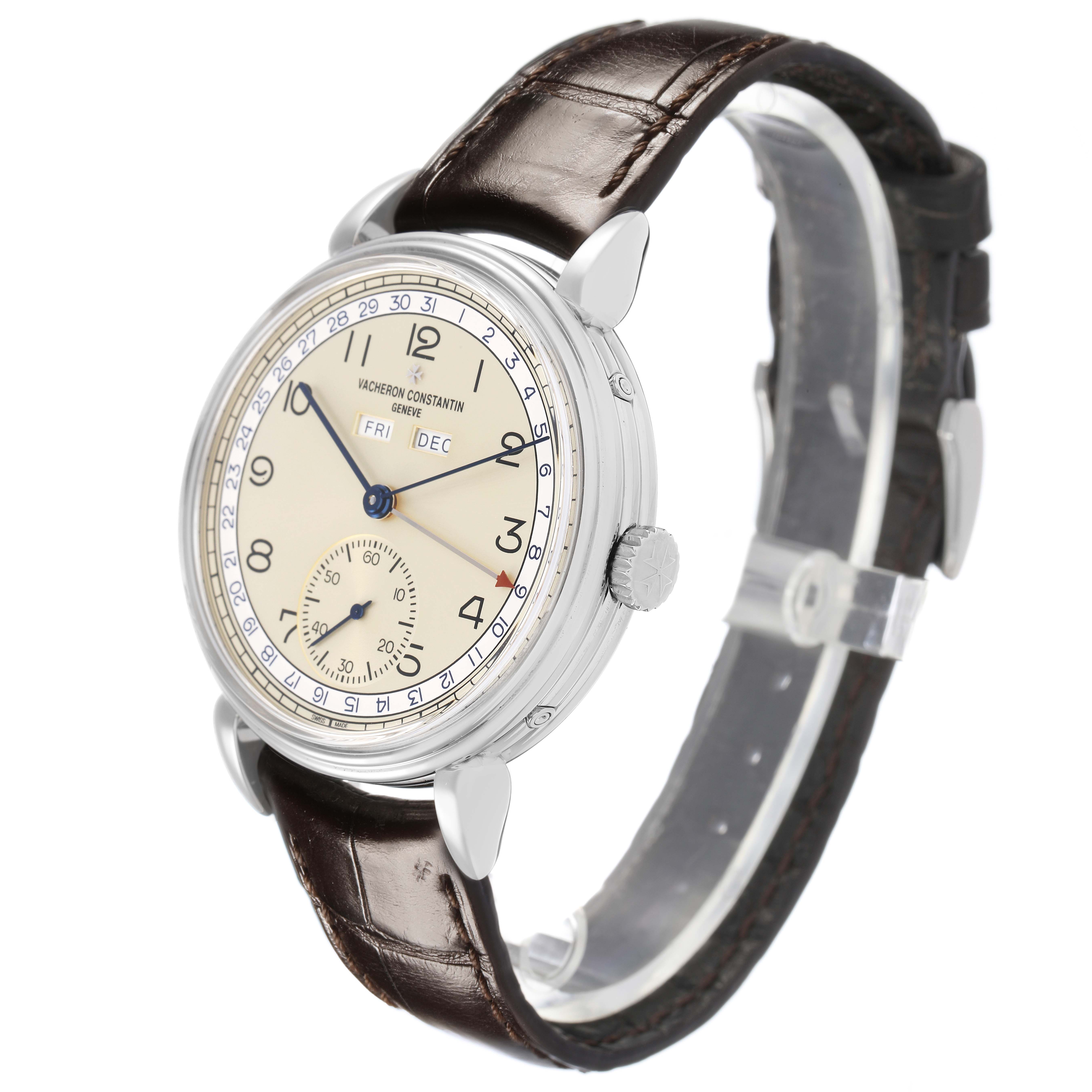 The Vacheron Constantin Historiques 3110V Men's Stainless Steel Silver Dial watch is shown at a 3/4 angle, displaying its face, leather strap, lugs, and crown.