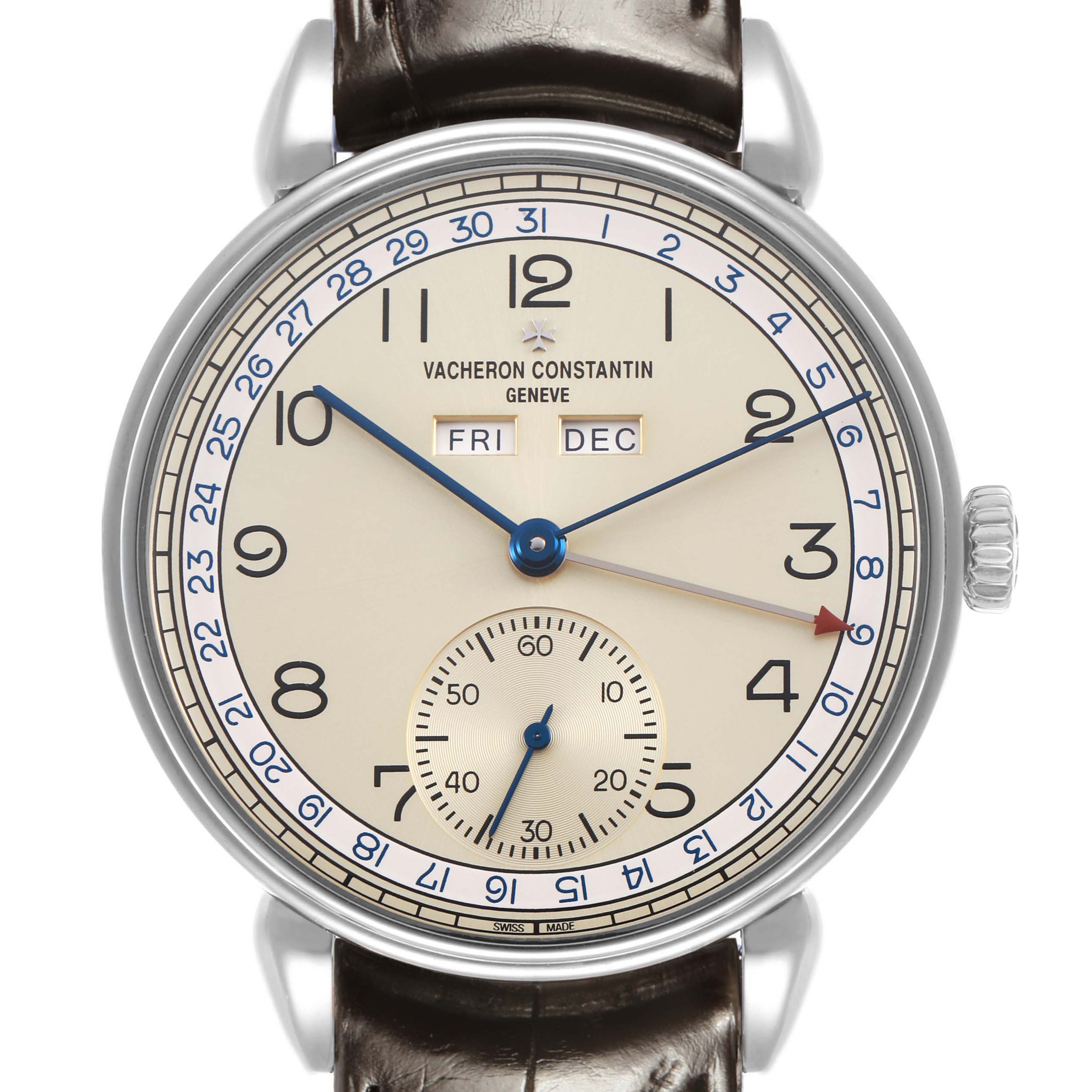 The Vacheron Constantin Historiques 3110V Men's Stainless Steel Silver Dial watch is shown from the front, displaying its dials, hands, and calendar indicators.