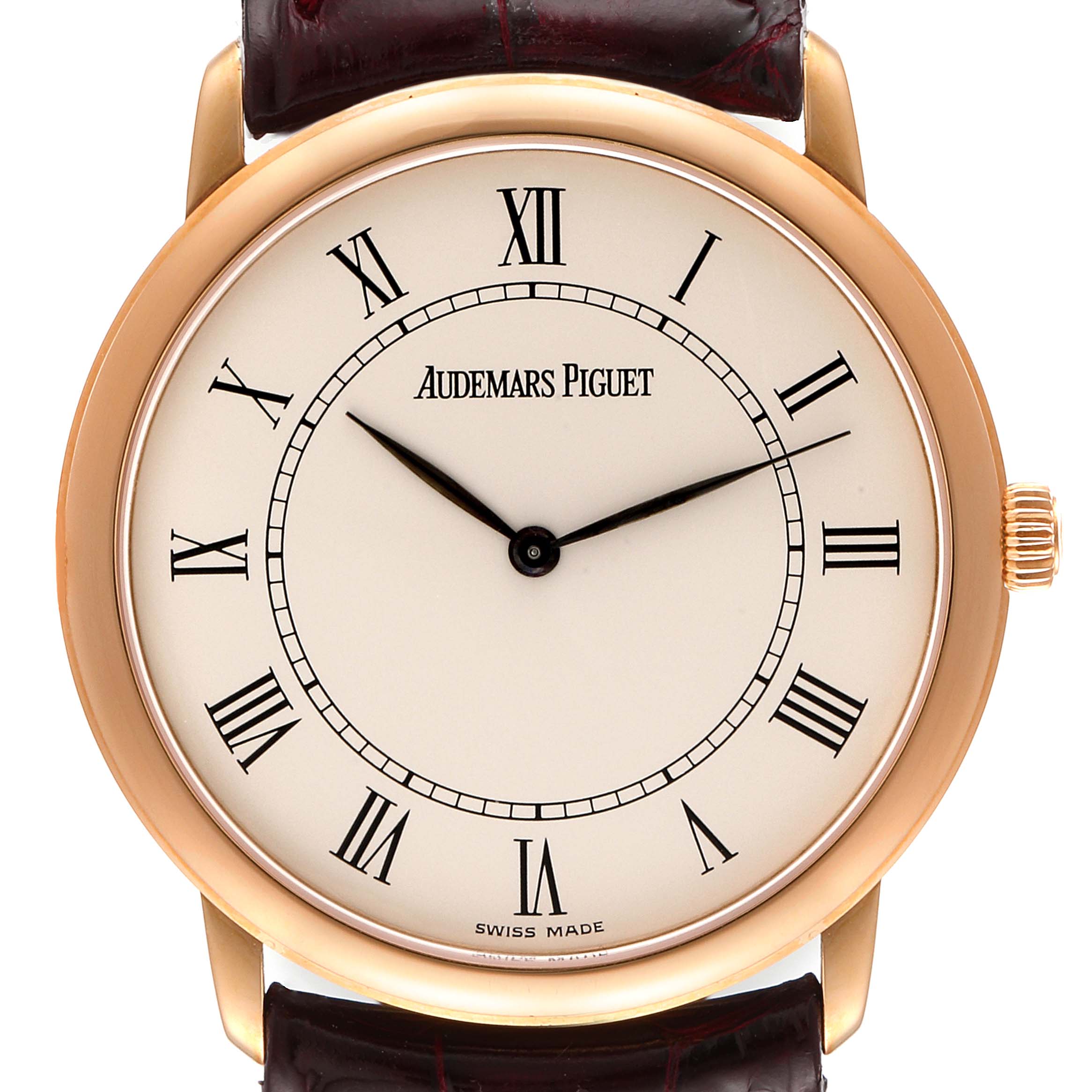 The image shows a front view of the Audemars Piguet Jules 148940R/0/0067CR/02 Men's Rose Gold Silver Dial 148940R/0/0067CR/02 Men's Rose Gold Silver Dial model watch, highlighting the dial, Roman numerals, and leather strap.