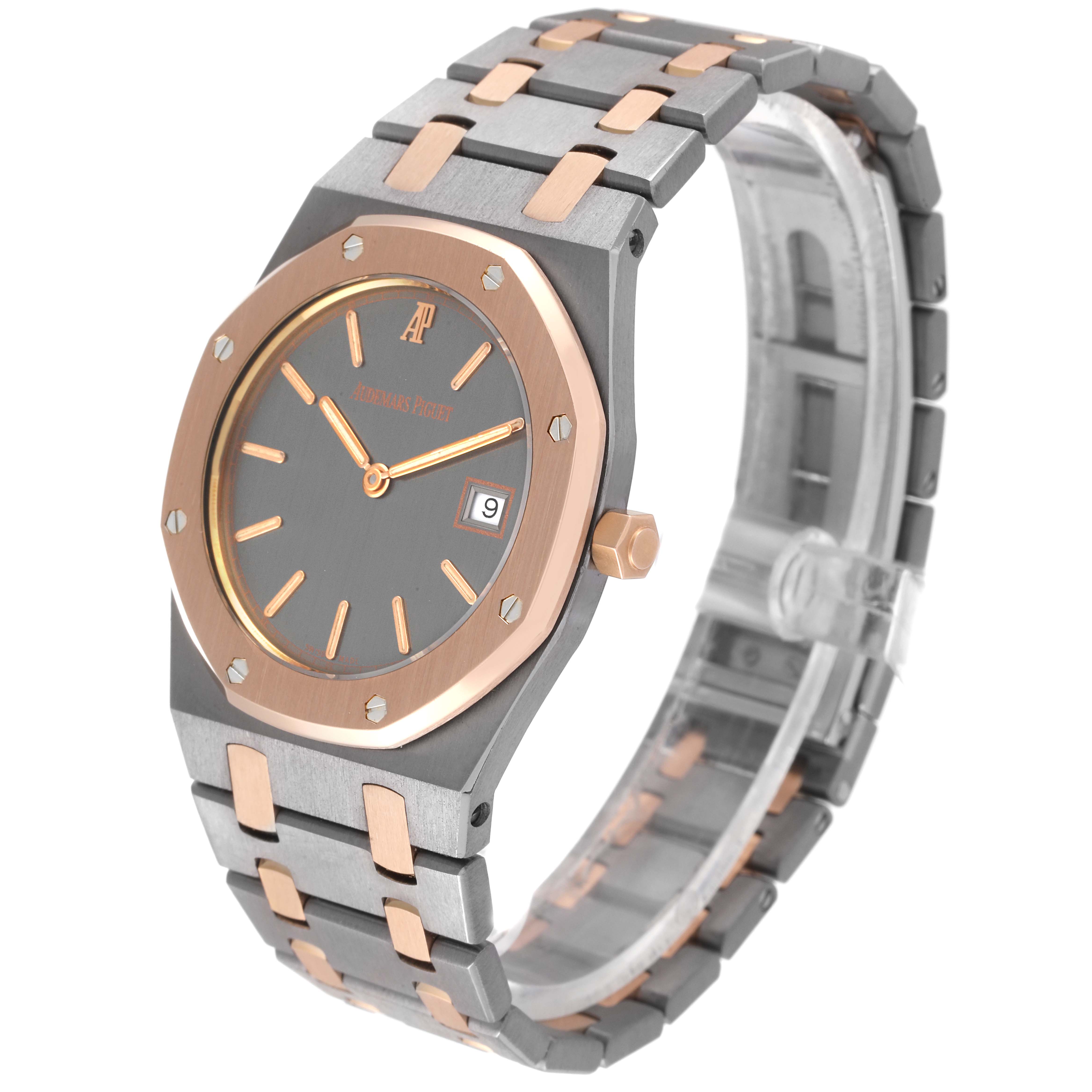 This image shows a front side angle of the Royal Oak watch by Audemars Piguet, highlighting the bezel, dial, and bracelet.